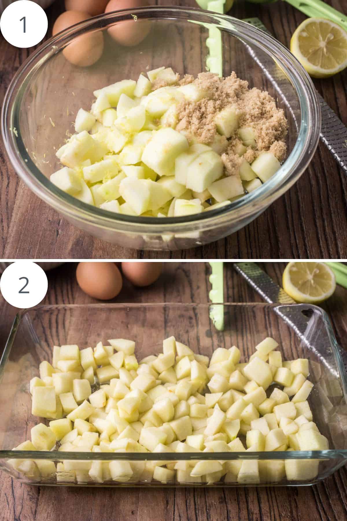 Diced bramley apples tossed with sugar and lemon and poured into buttered baking dish.