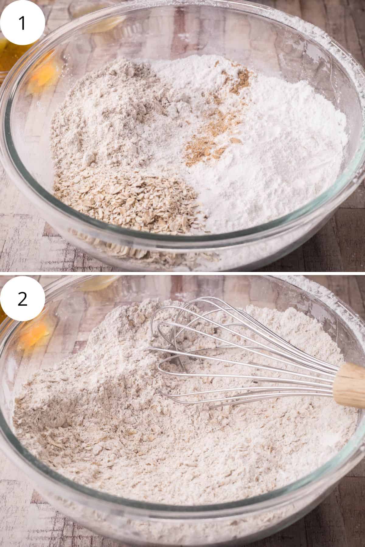 Dry ingredients for Parkin in a glass mixing bowl before and after whisking together with a balloon whisk.