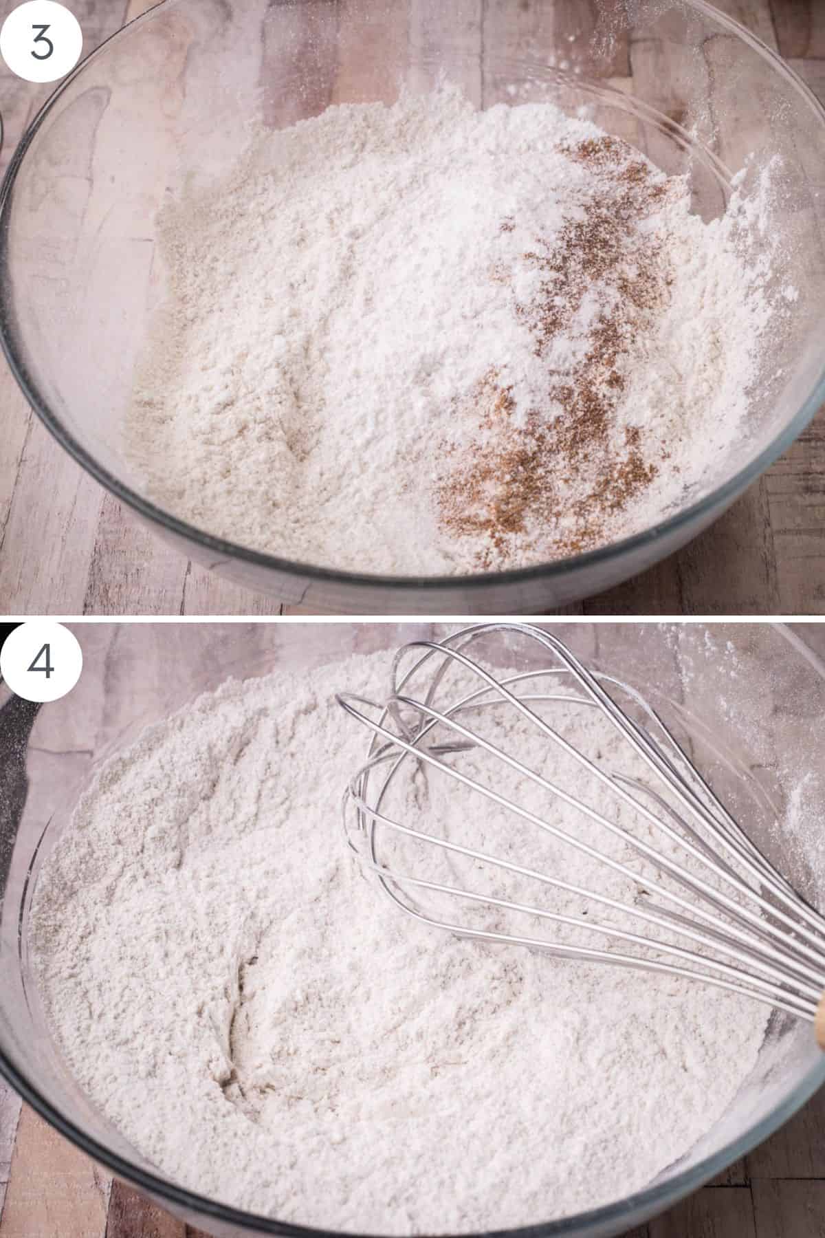 Dry ingredients in a glass bowl then whisked together.
