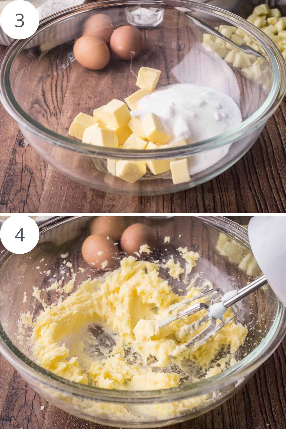 Butter and sugar mixed together with electric hand beaters in large mixing bowl.