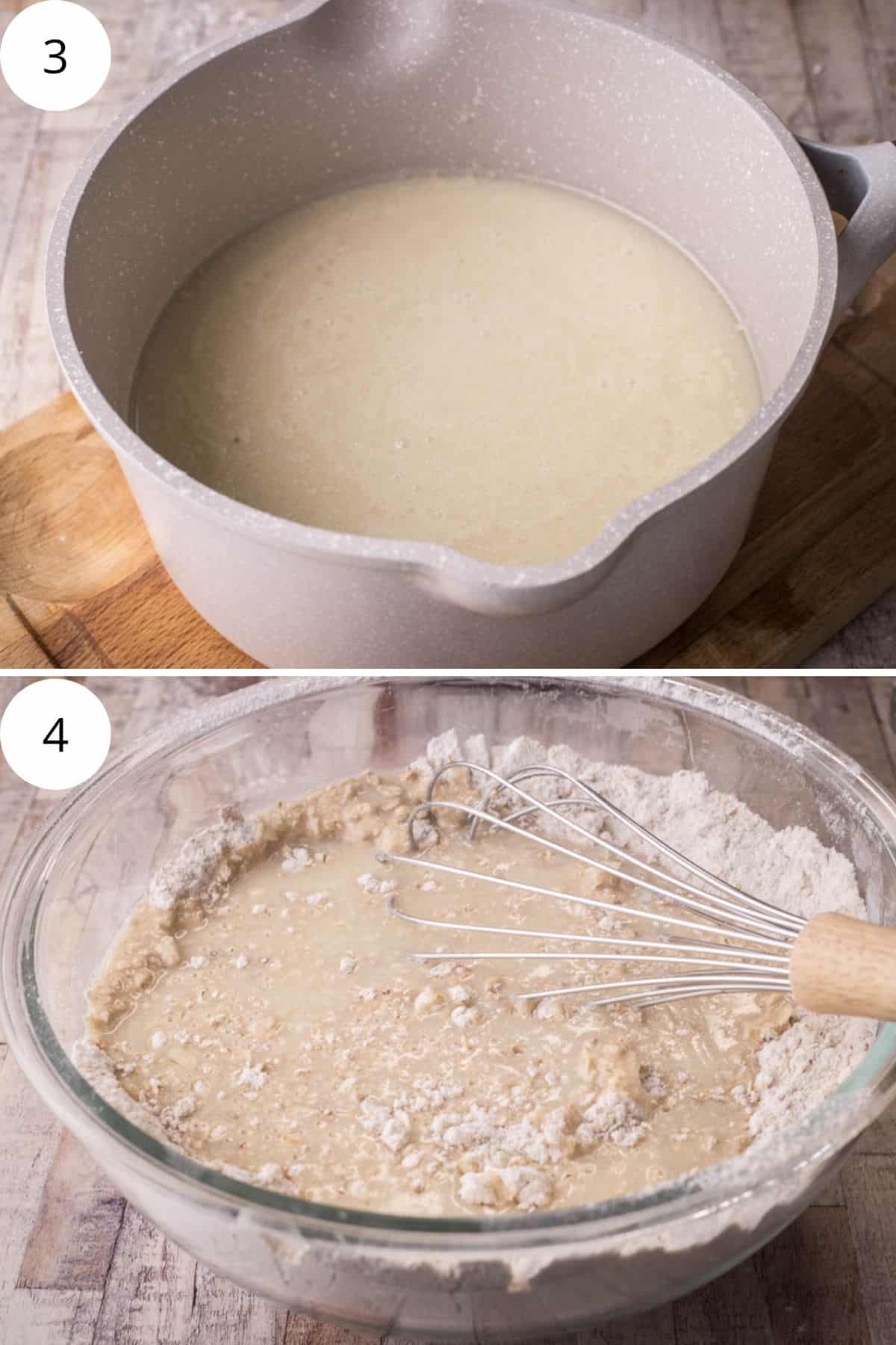 wet ingredients in a saucepan. Poured into dry ingredients and mixed with a balloon whisk.