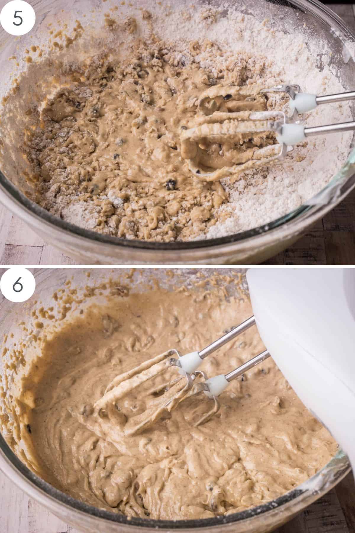 Dry ingredients added to wet ingredients in a glass bowl.