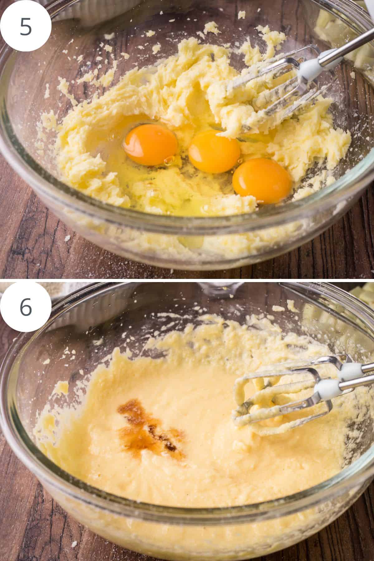 Eggs mixed into sponge batter with electric hand beaters in large mixing bowl.