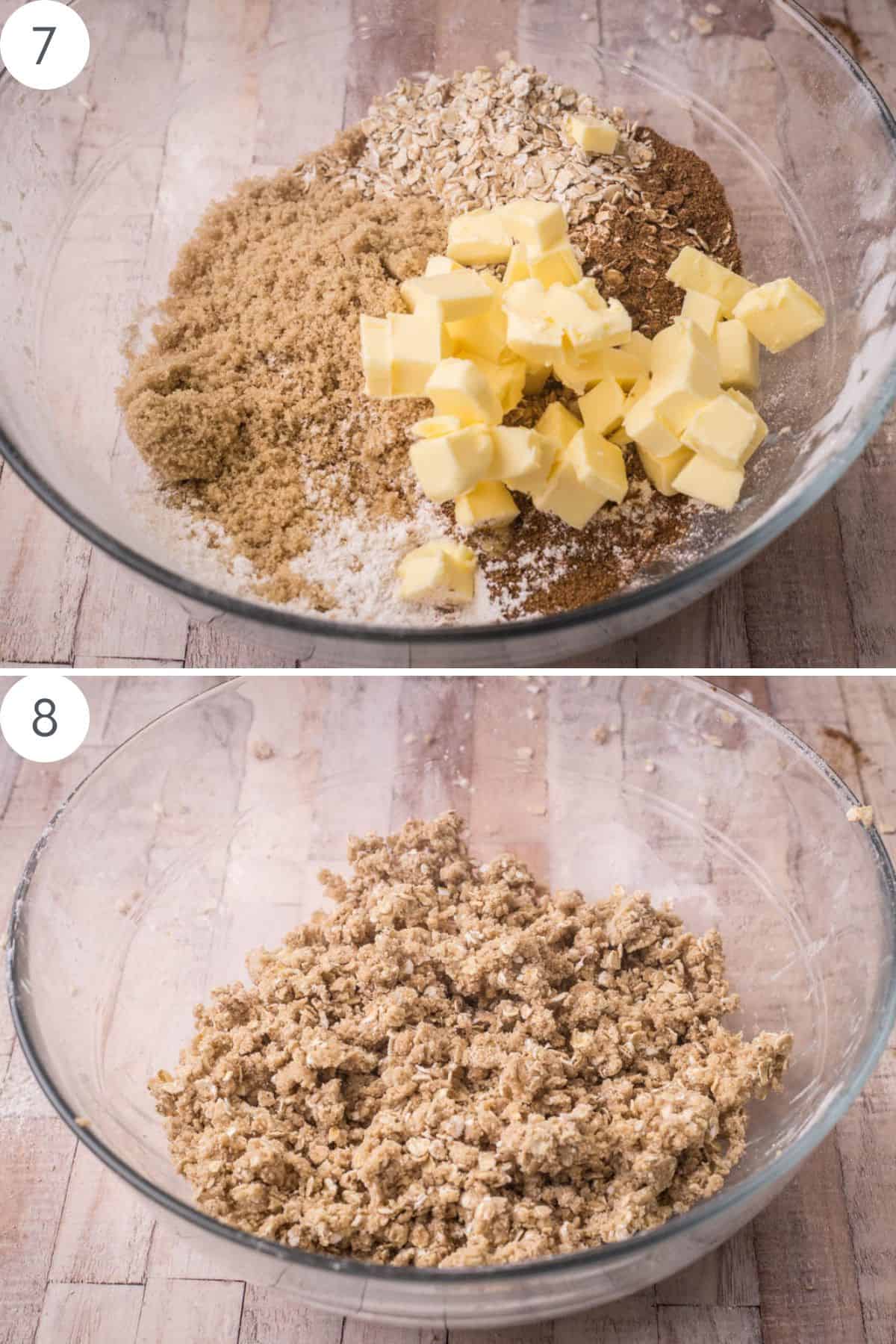 Streusel topping ingredients in a bowl then mixed together.