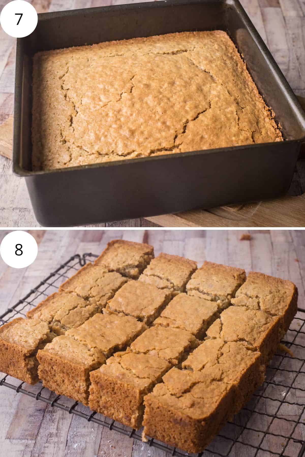 ginger parkin baked in a tin and cut into squares on a cooling rack.