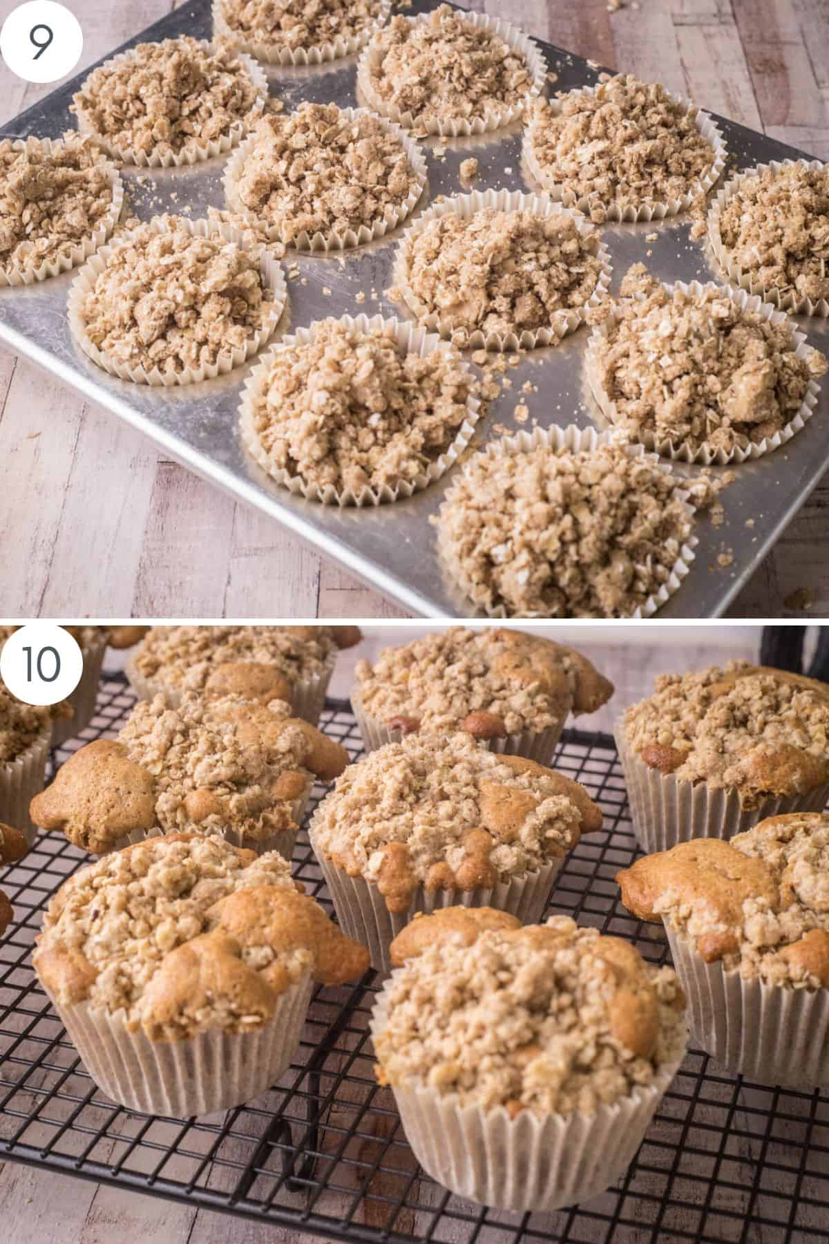 Muffins in the baking tin pre-oven. Muffins on a wire rack cooling.