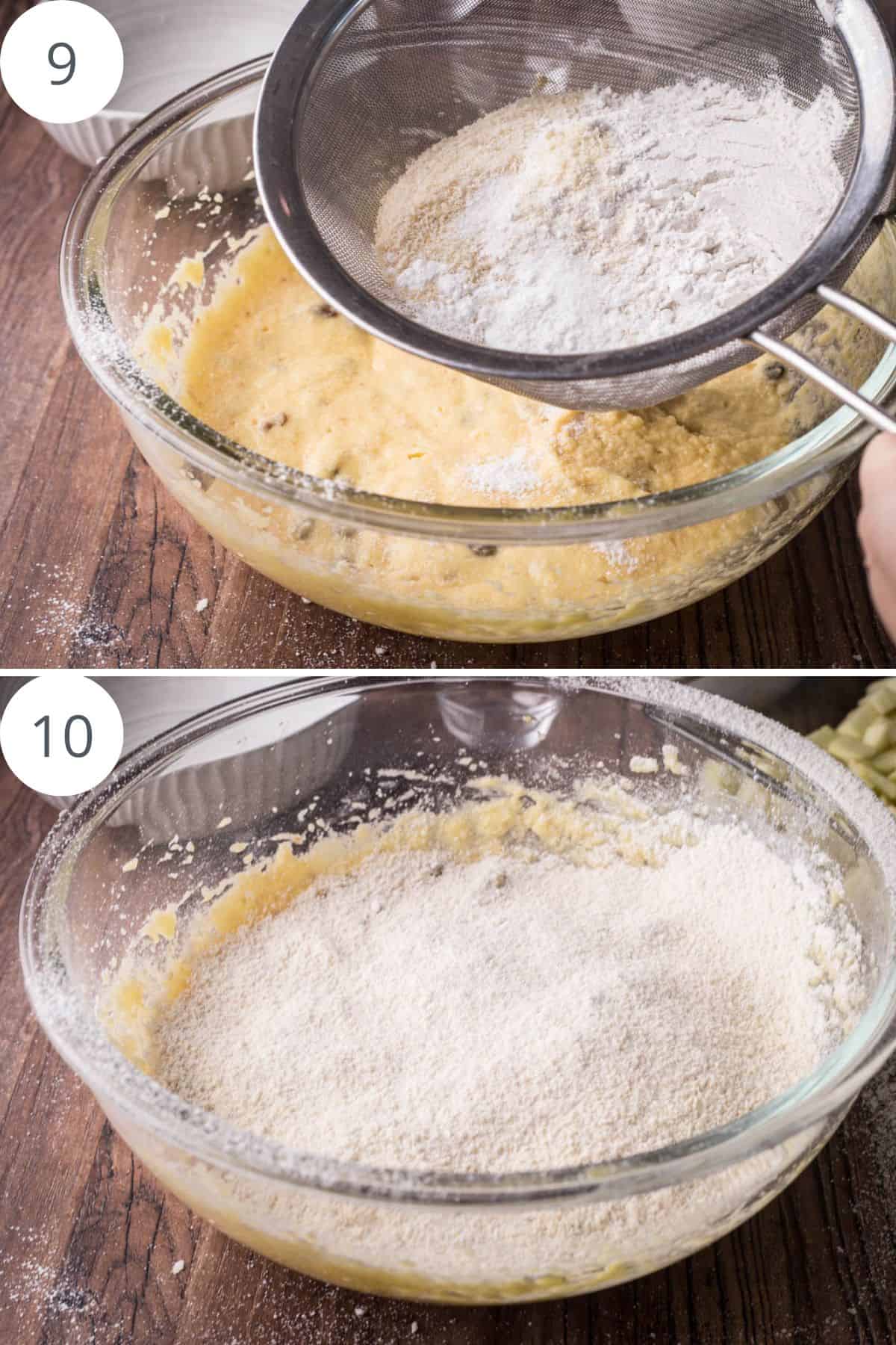Dry ingredients sifted into wet ingredients for Bramley Apple Mincemeat Pudding.