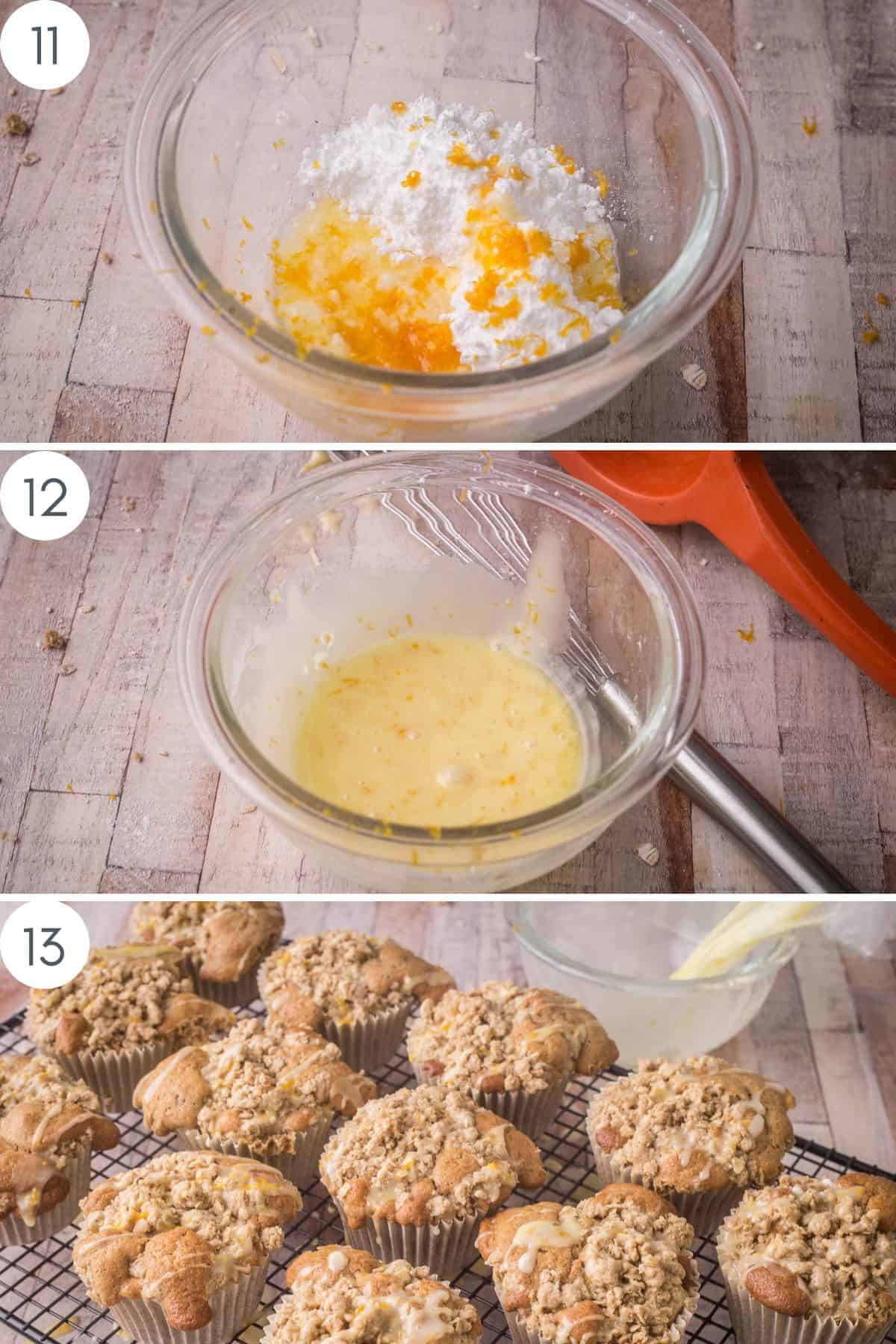 Icing sugar and orange juice and zest in a bowl, then mixed up, then drizzled over the muffins.