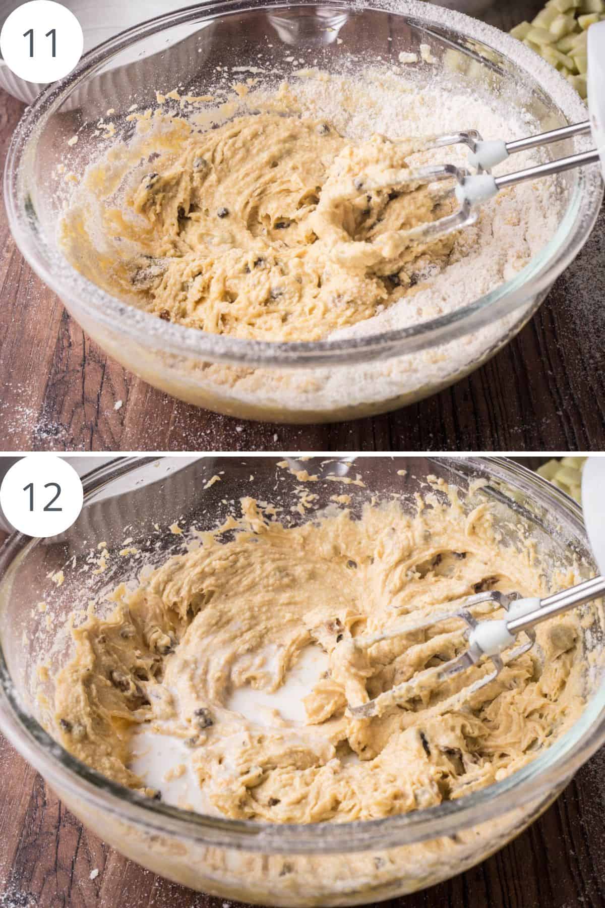 Mixing bowl full of sponge batter for Bramley Apple Mincemeat Pudding.