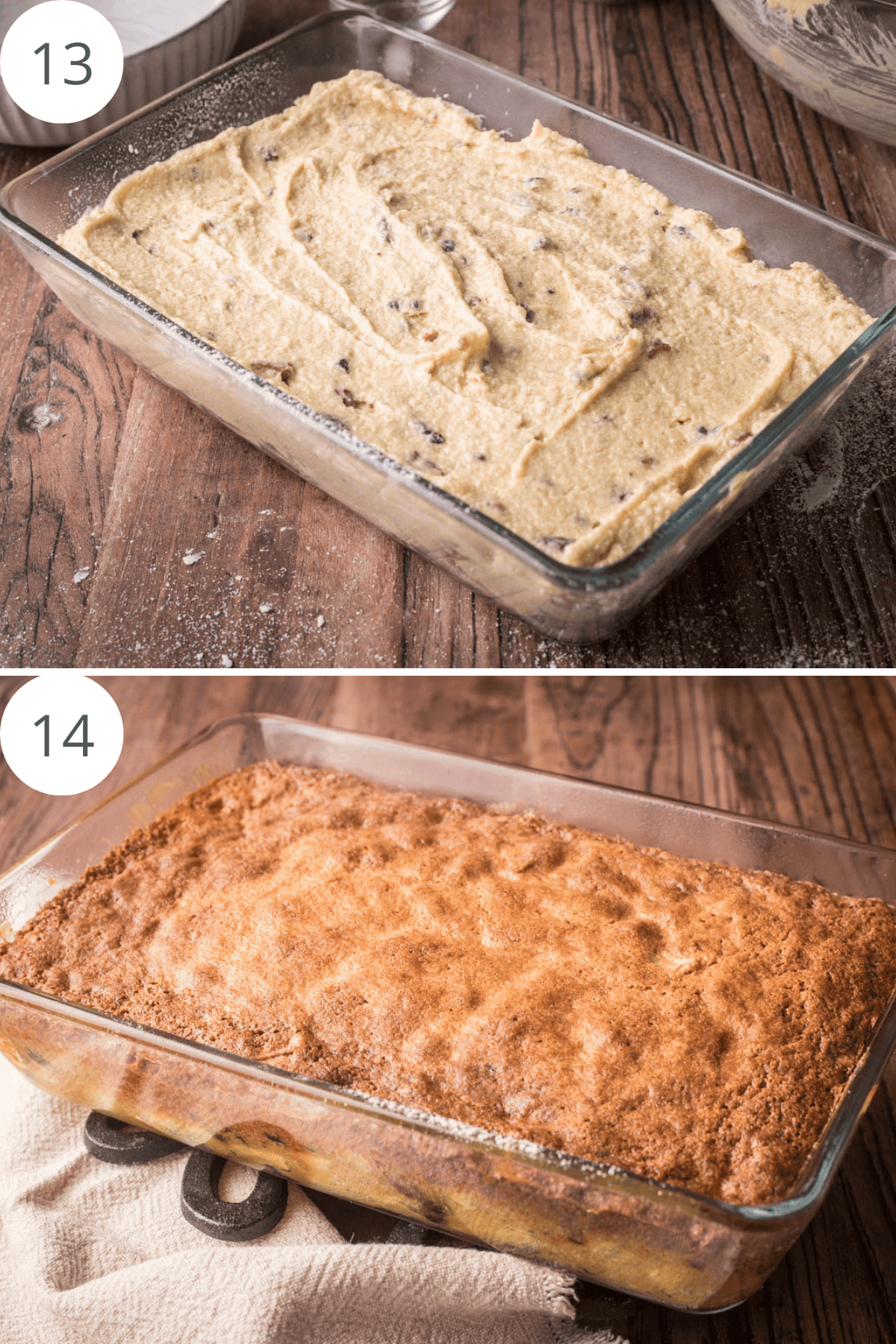 Bramley Apple Mincemeat Pudding in baking dish before and after it has been baked.