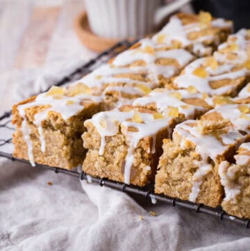 A cooling rack full of lemon iced ginger parkin.