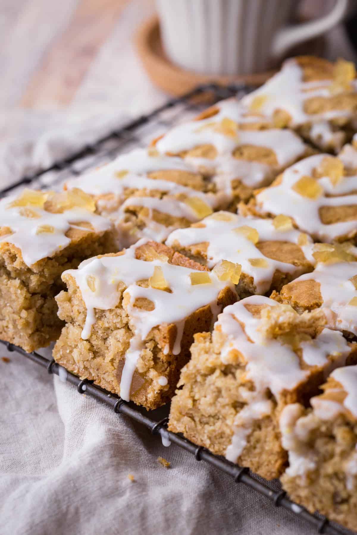 A cooling rack full of lemon iced ginger parkin.