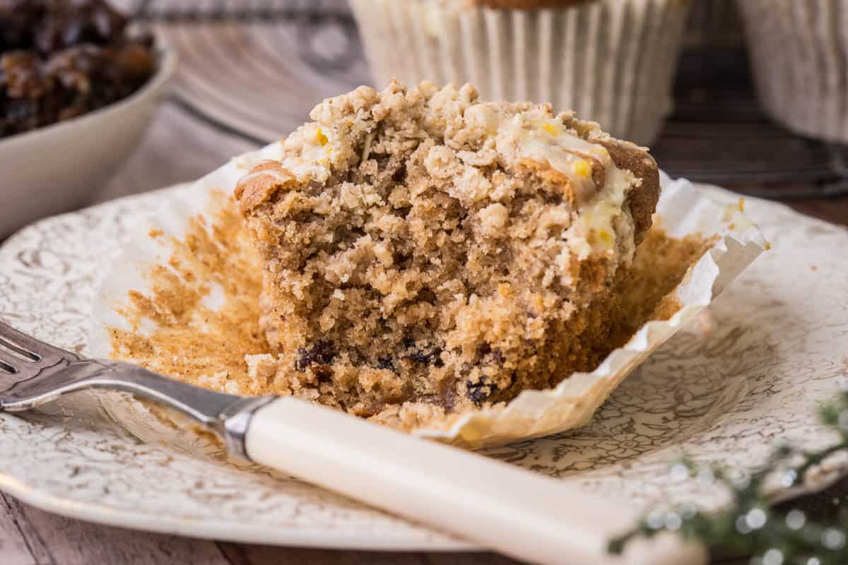 Mincemeat Muffin on a plate cut with fork.