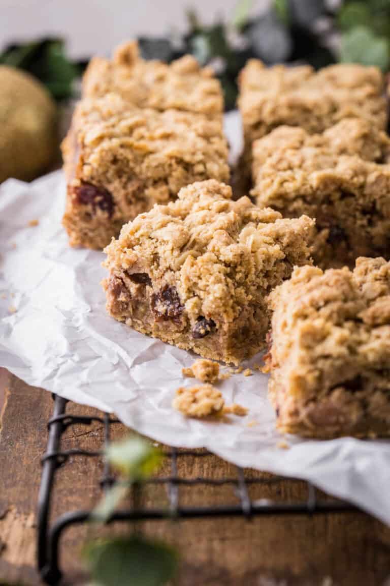 Mince Pie Crumble Bars showing soft filling and crisp crumble topping.