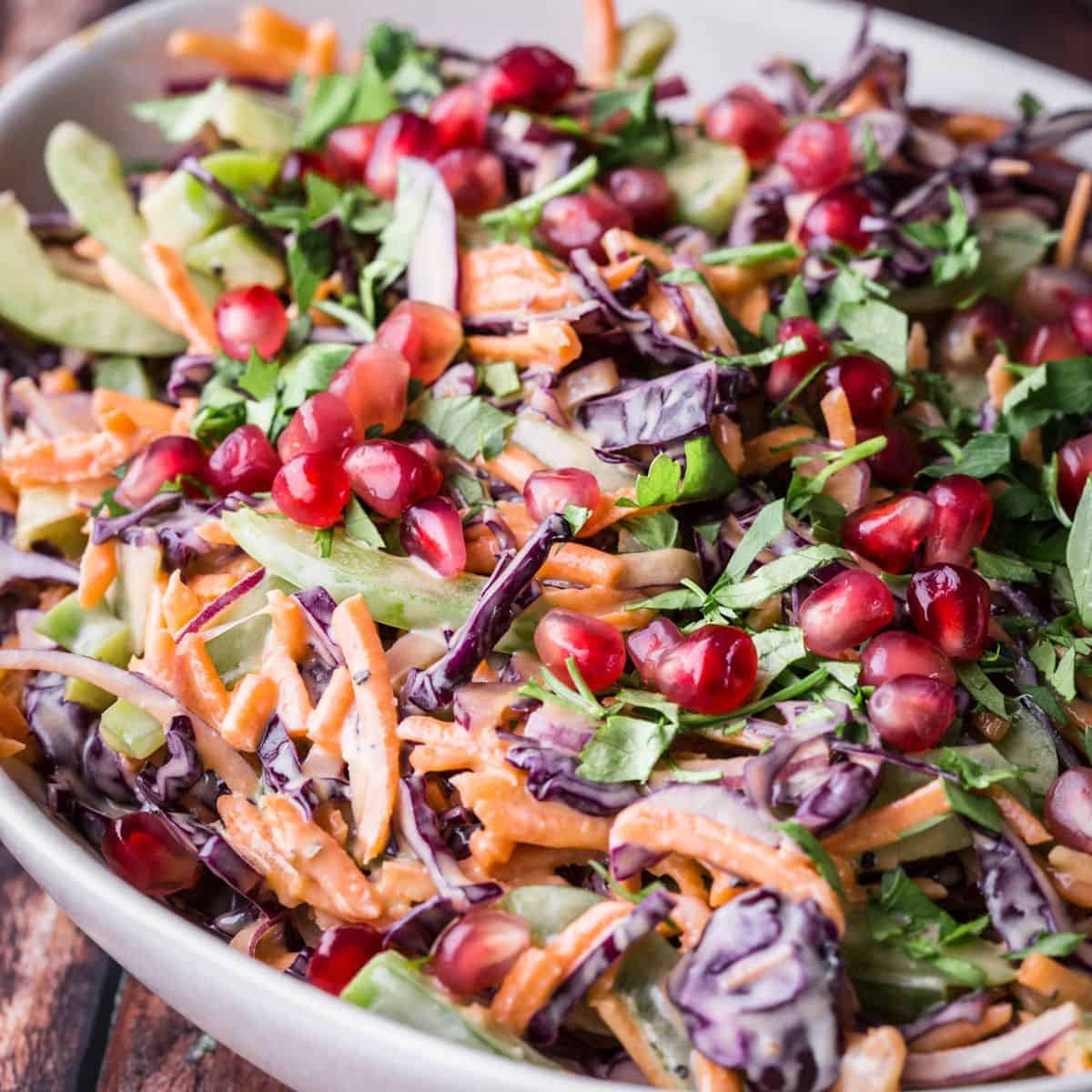 A gluten free side dish of Christmas coleslaw.