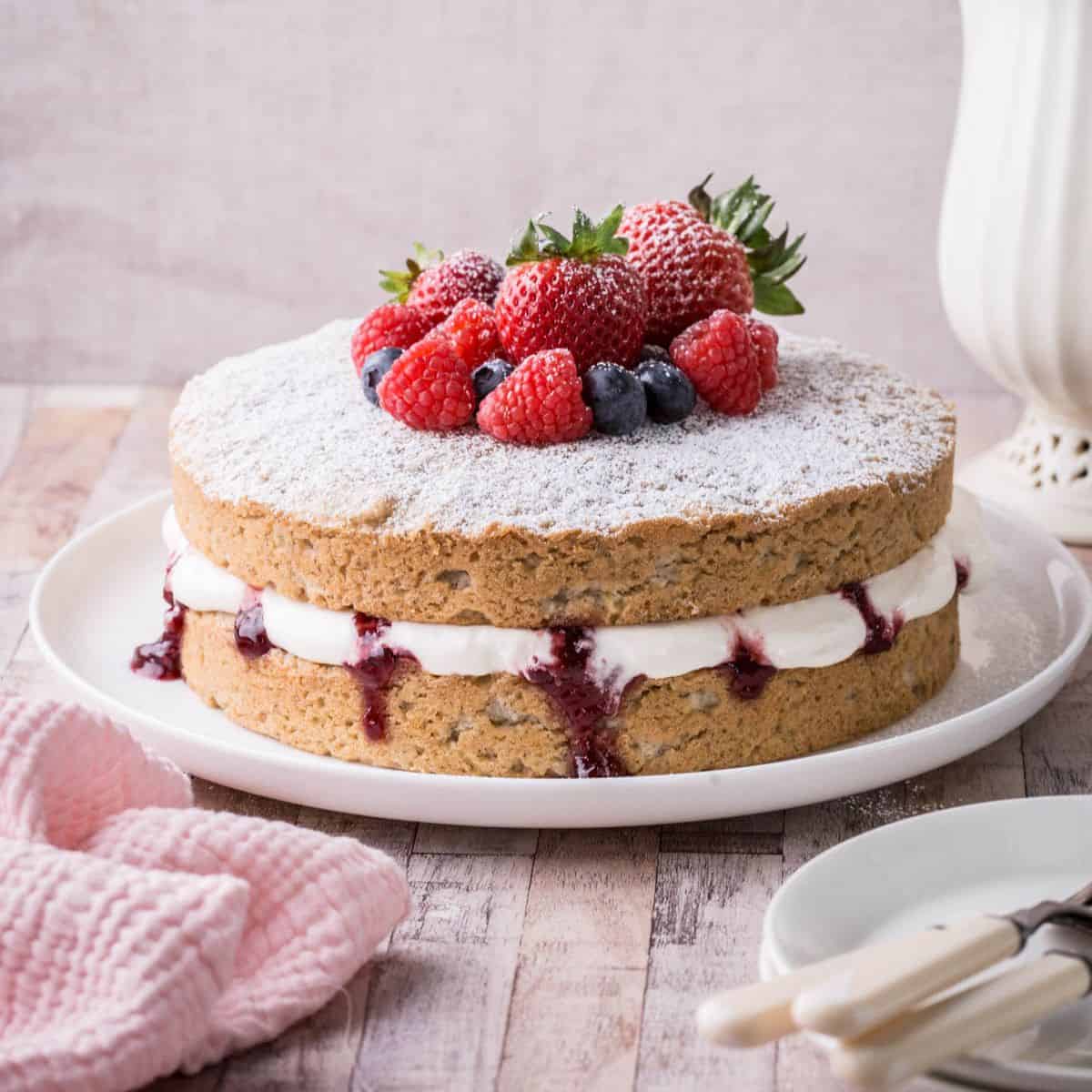 Beautiful vegan layer cake dusted with powdered sugar and garnished with fresh berries.