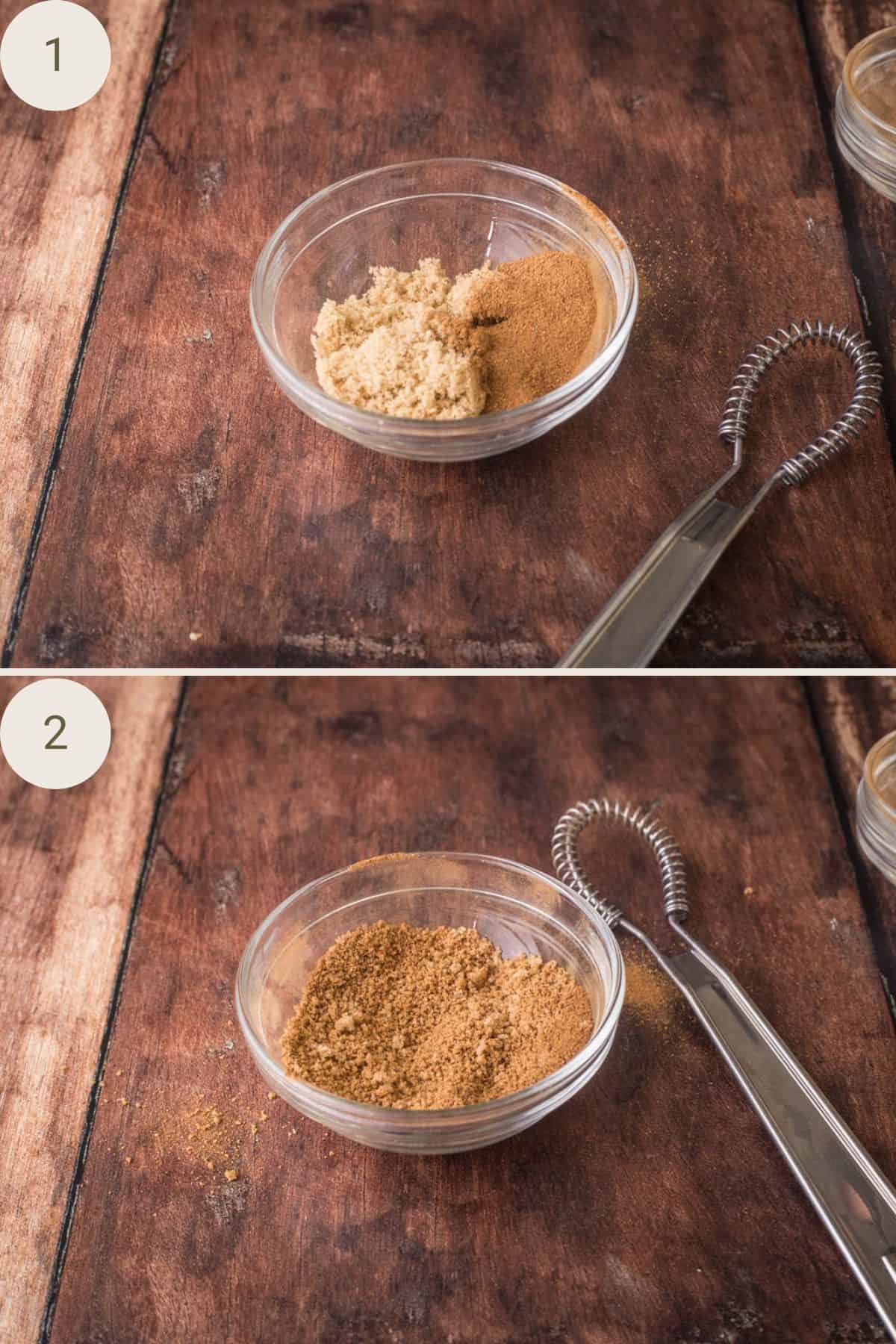Cinnamon sugar mixed in small bowl.