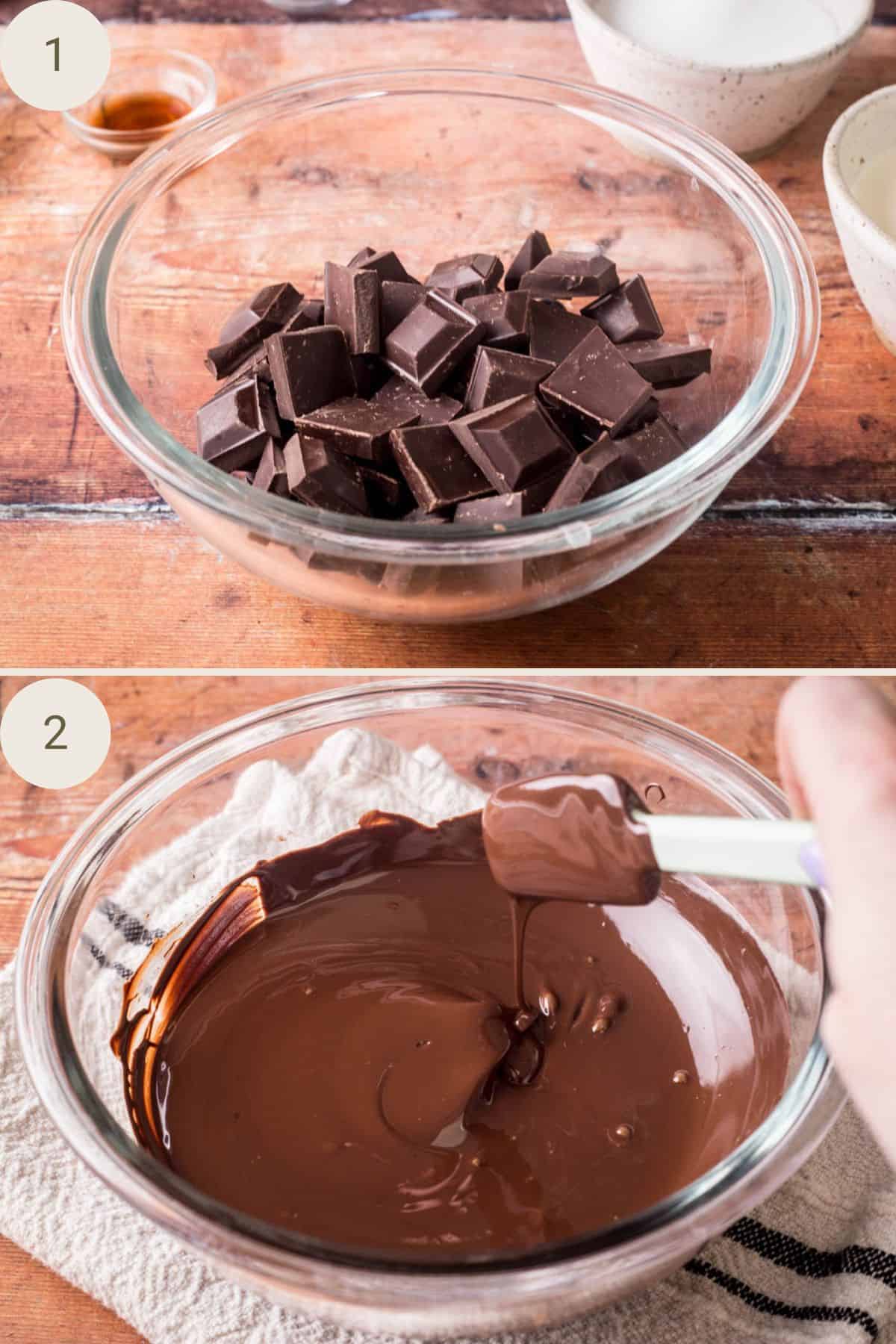 Chocolate in glass bowl then melted.