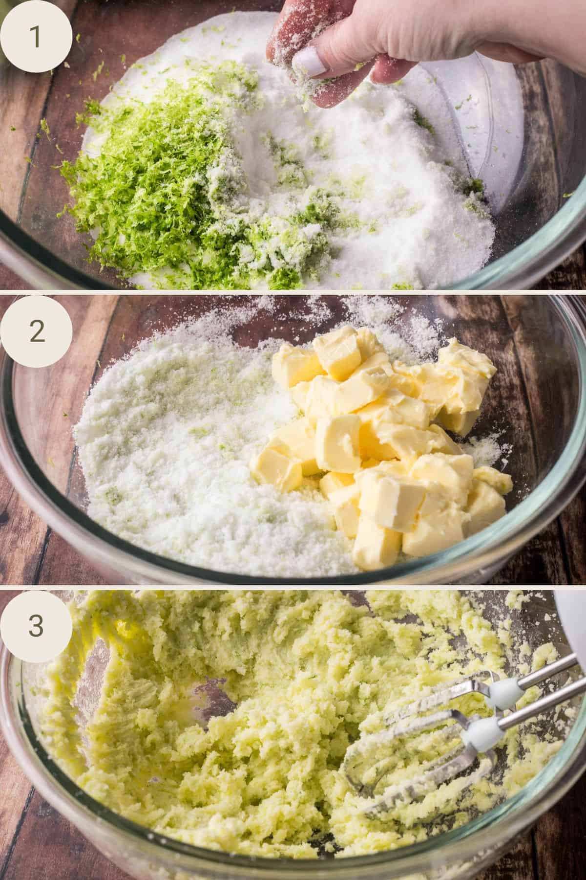 Sugar and lime zest rubbed together with fingertips. Butter added. Creamed with electric whisk showing fluffy texture.