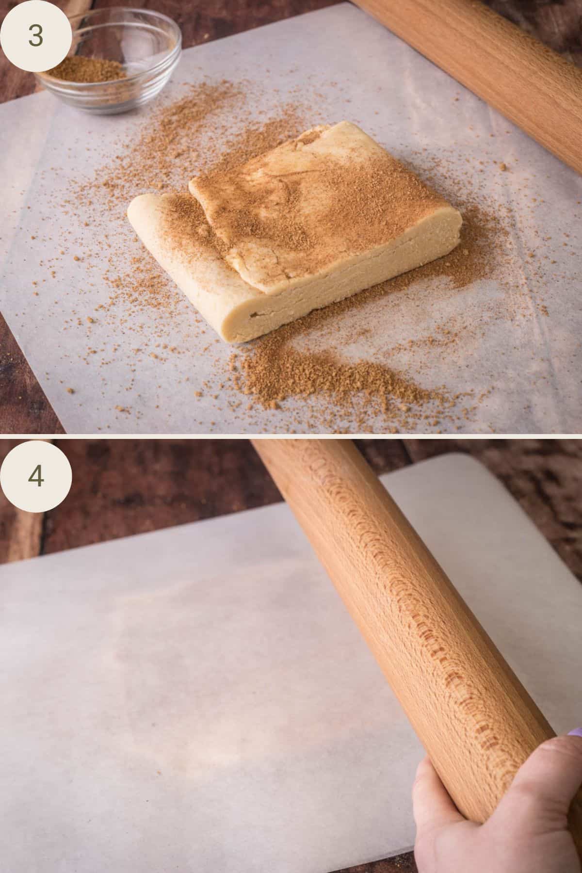 Gluten-Free Puff Pastry dusted with Cinnamon Sugar and placed in between baking parchment. Rolling Pin smacking the pastry block.