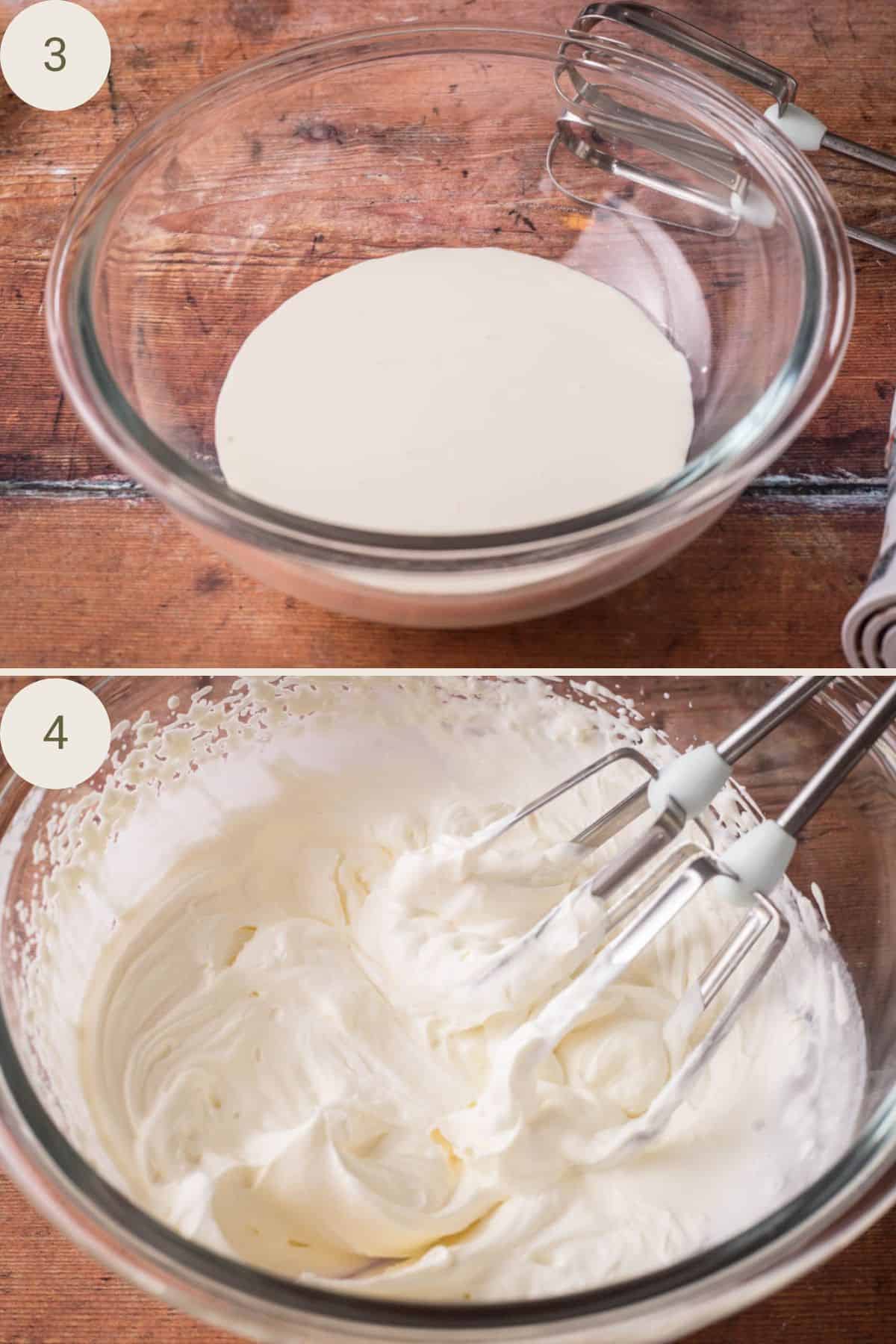 Cream in a bowl and whipped to soft peak stage.