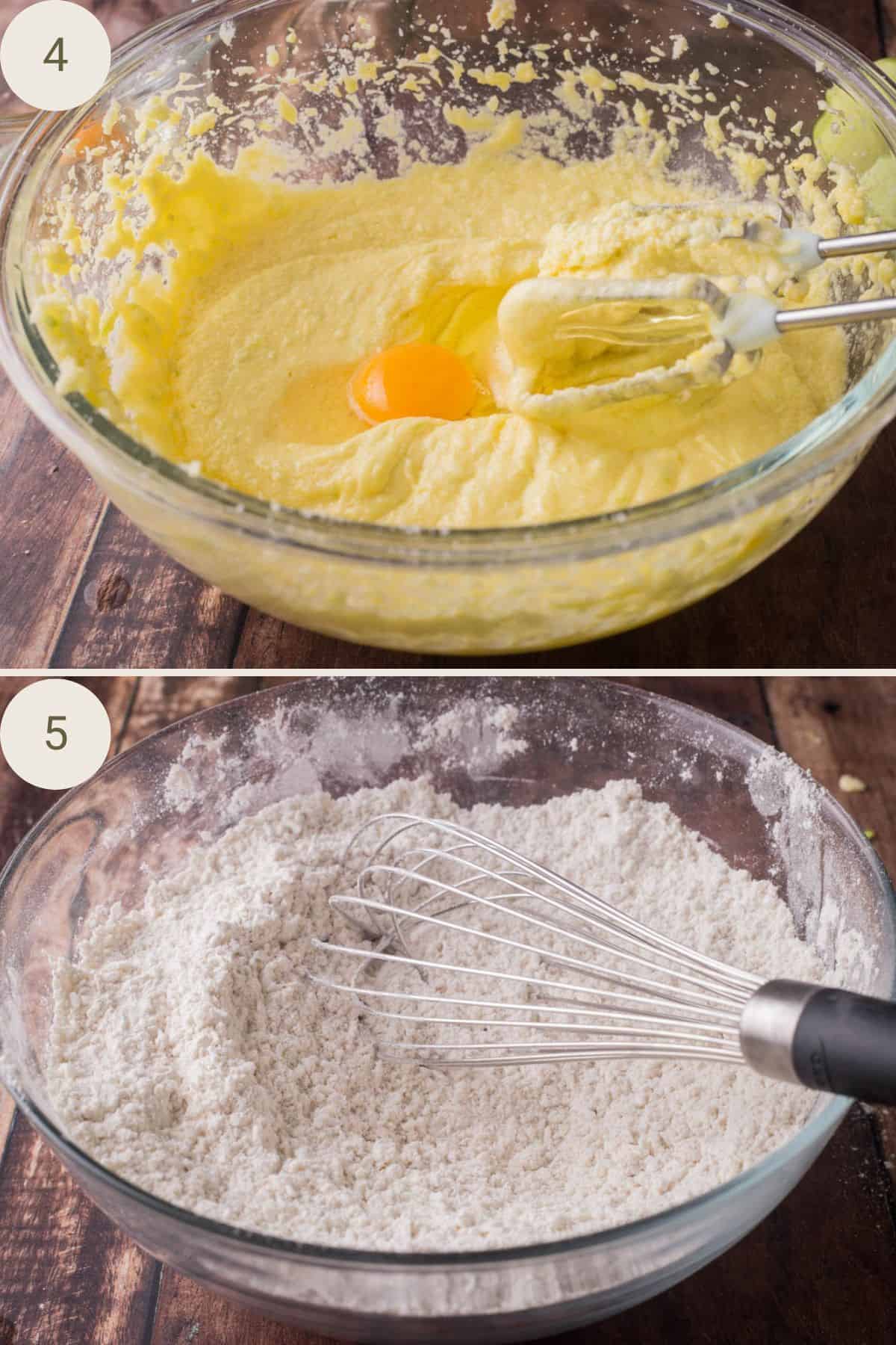 egg added to cake mixture showing light texture. Dry ingredients in a bowl whisked together.