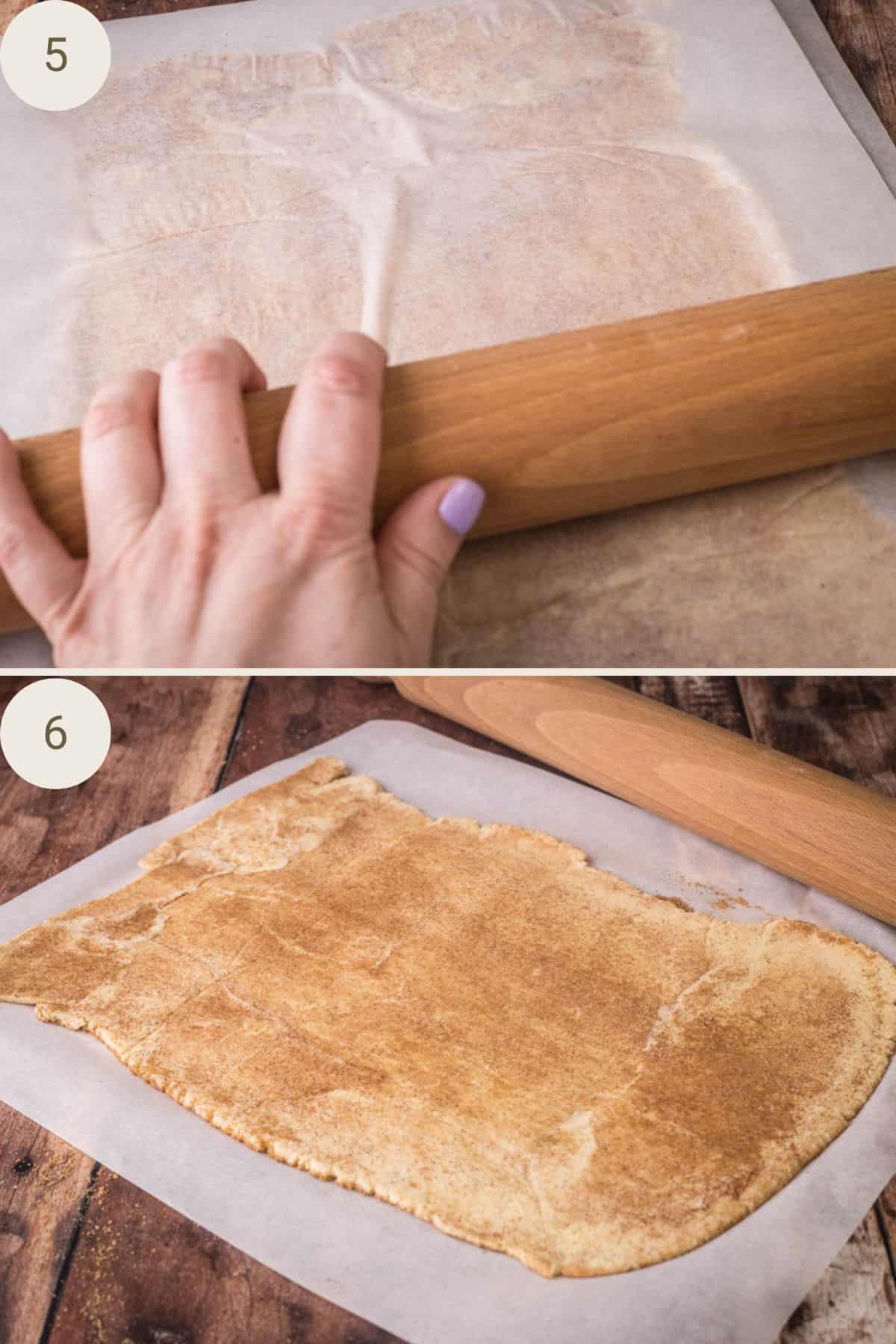 Cinnamon Sugar Gluten-Free Puff Pastry being rolled out in between parchment.