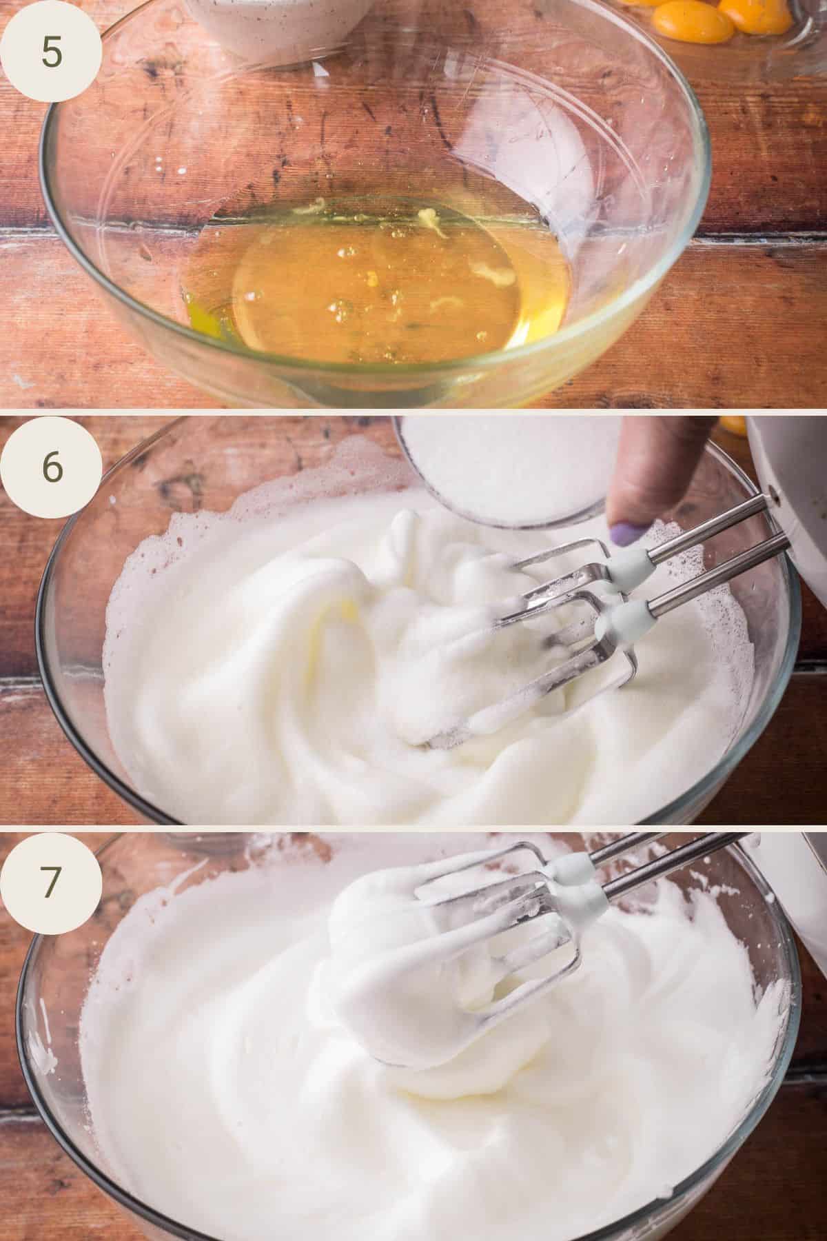 Egg whites in a bowl, whipped until stiff peaks, sugar gradually added in.