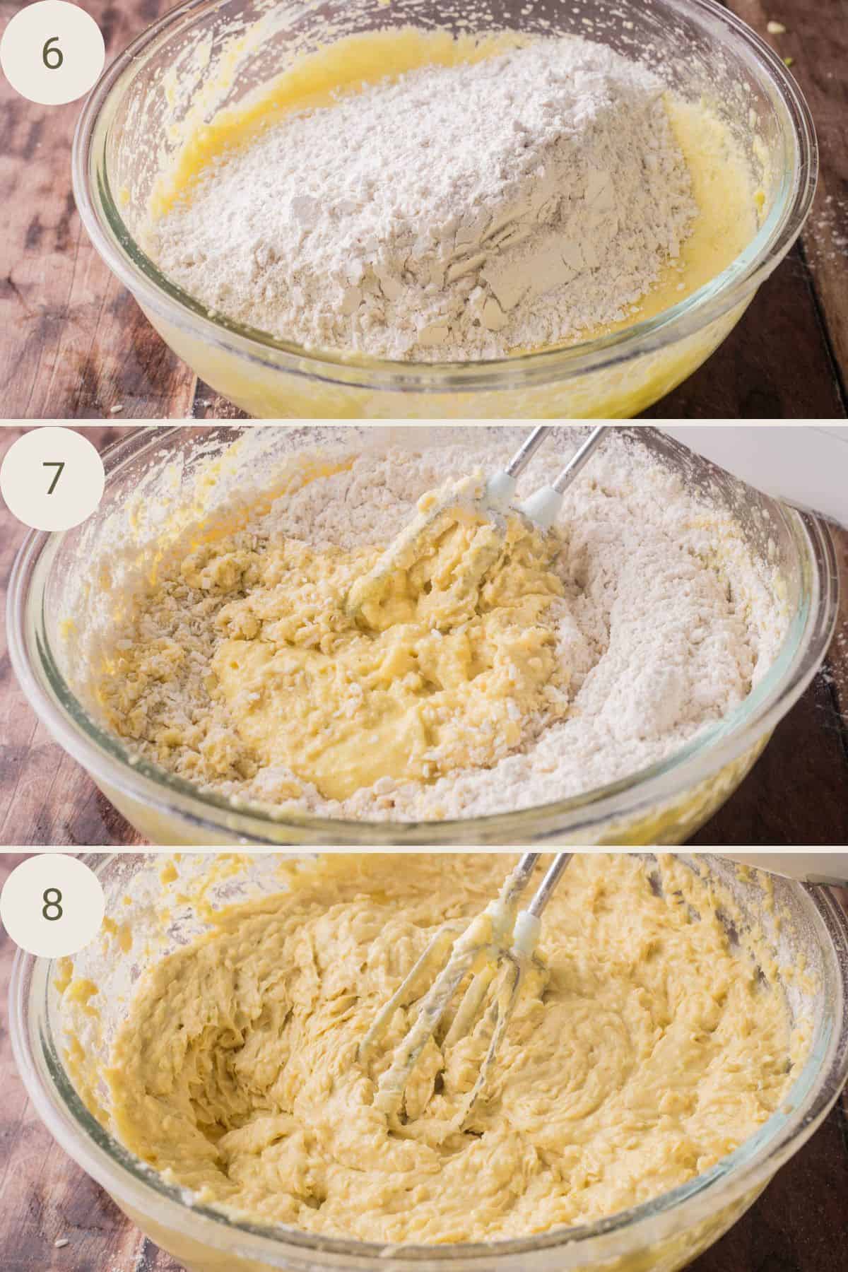 Dry ingredients added to wet ingredients in a glass mixing bowl producing a thick texture.