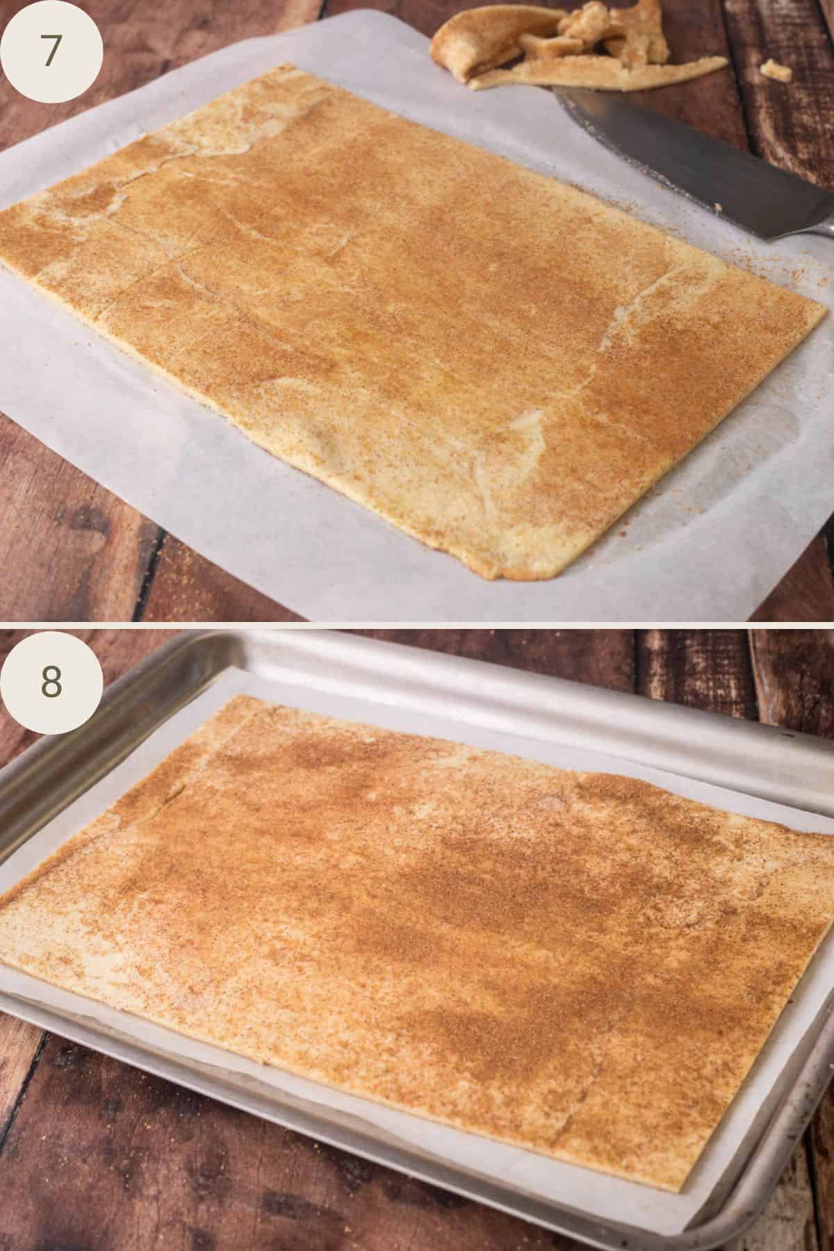 Cinnamon Sugar Gluten-Free Puff Pastry rolled out and then placed on lined baking tray.