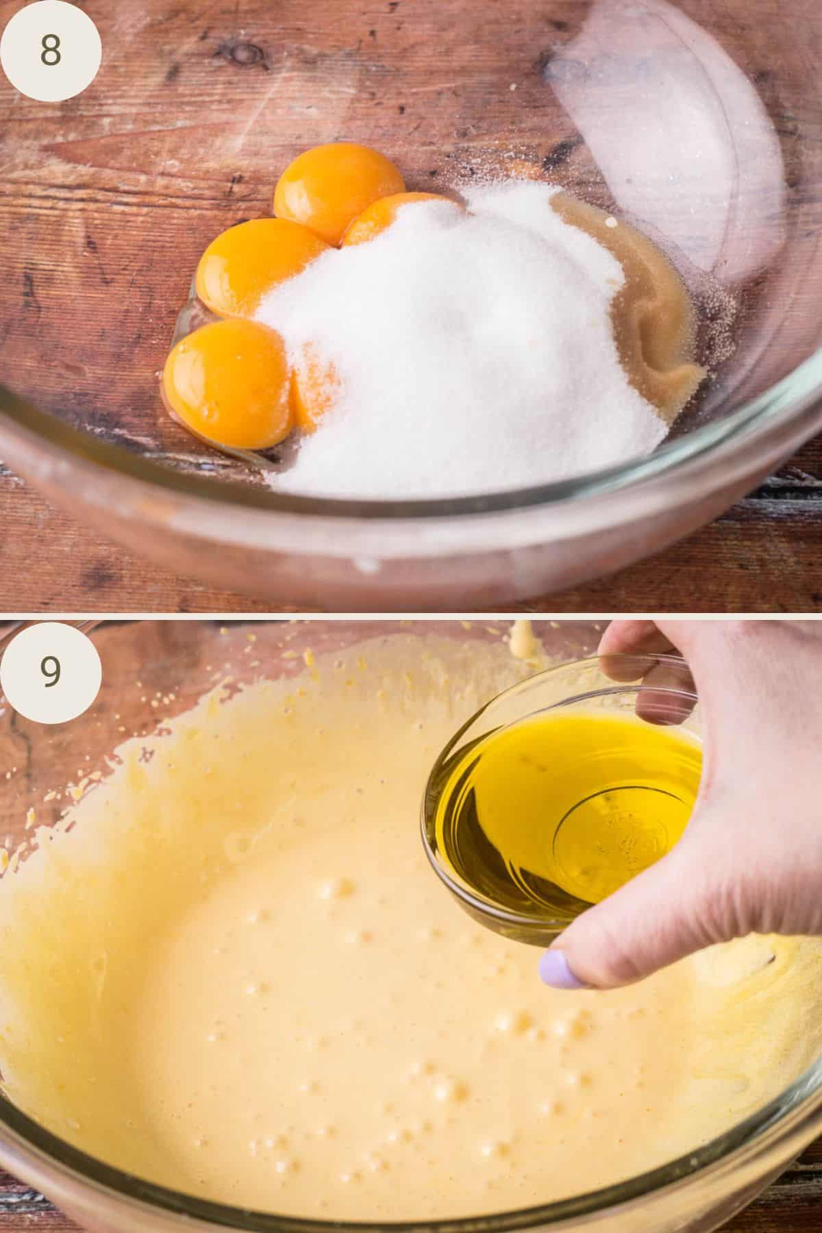 Egg yolks, sugar and vanilla in a bowl, whipped until pale and creamy, olive oil poured in.