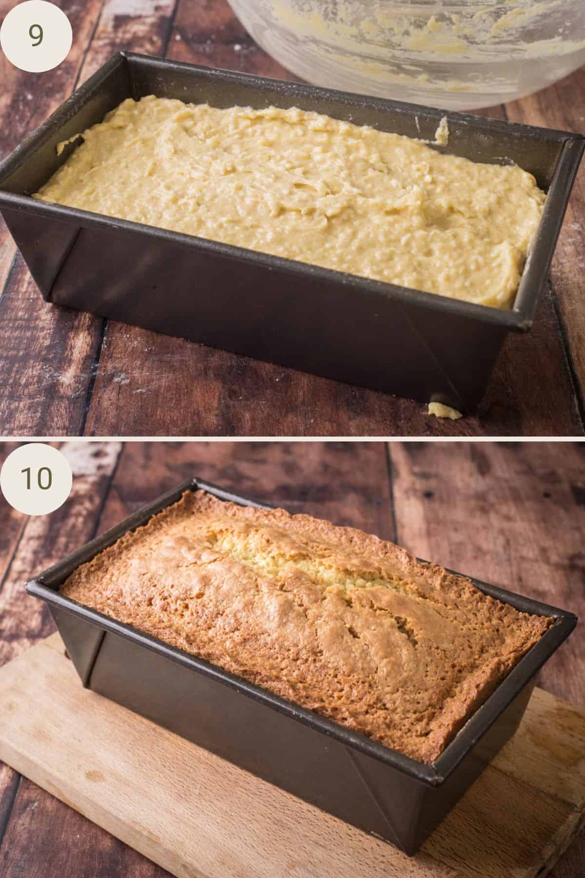 Cake batter in a cake tin. Cake after baking showing golden brown.