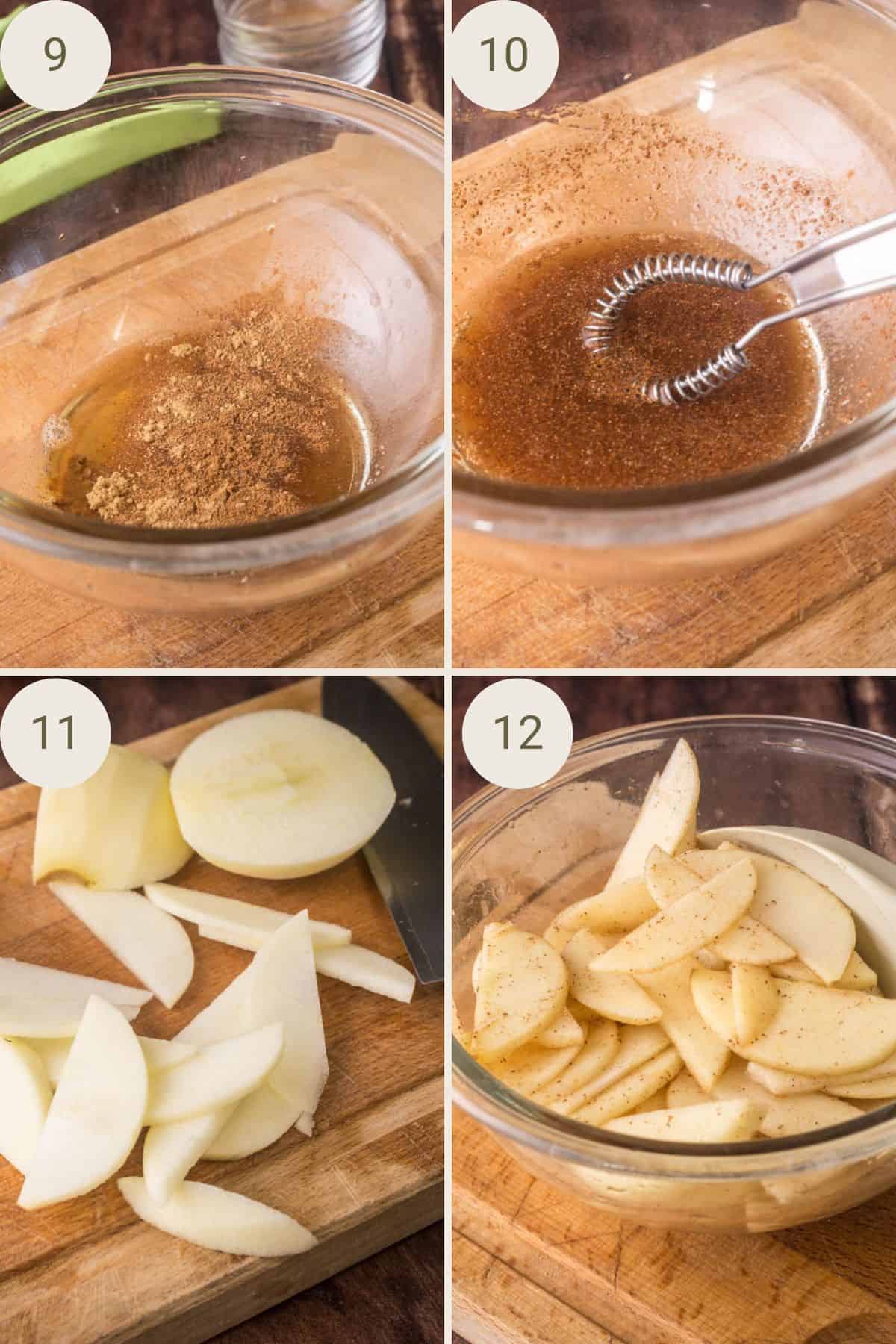 Marinating juices for apples placed in bowl. Apples sliced and tossed in the juices.