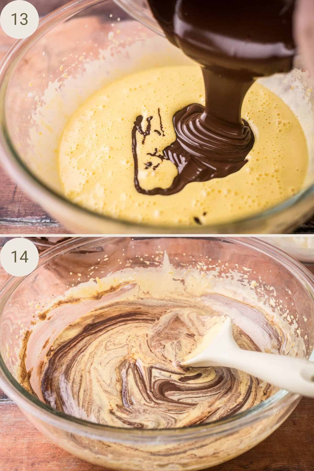 Melted chocolate poured into the egg and sugar mixture.
