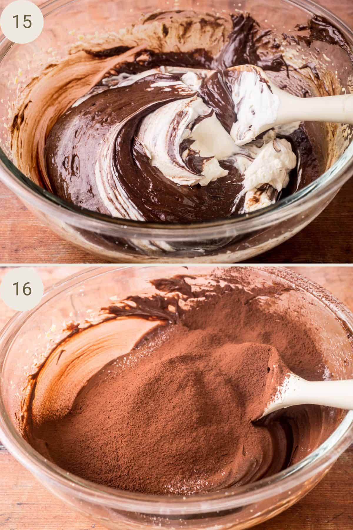 Whipped cream folded into chocolate cake batter. Cocoa powder sifted on top.