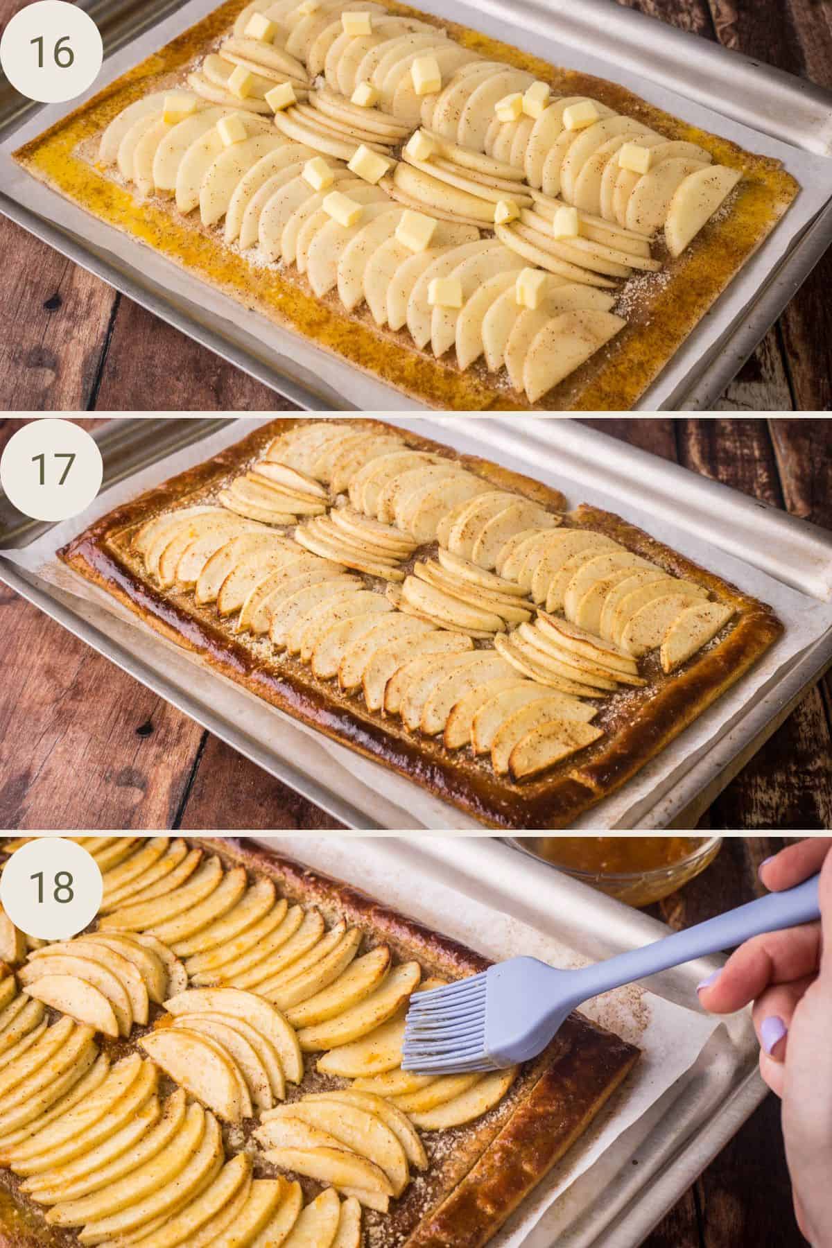 Apple Tart prior to baking with apples slices arranged on top, egg washed at the edges and butter scattered on top. then out of the oven golden brown and then brushed with apricot jam.