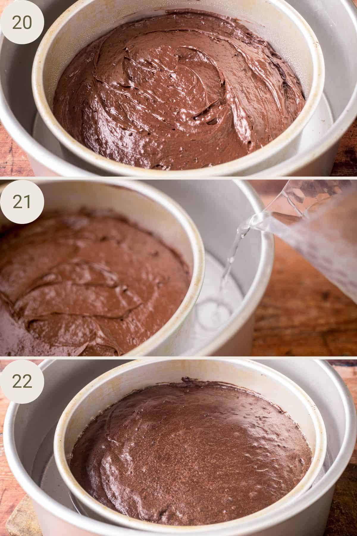 Chocolate cake batter in a small pan placed inside a larger pan. Water pouring into larger pan. Cake baked.