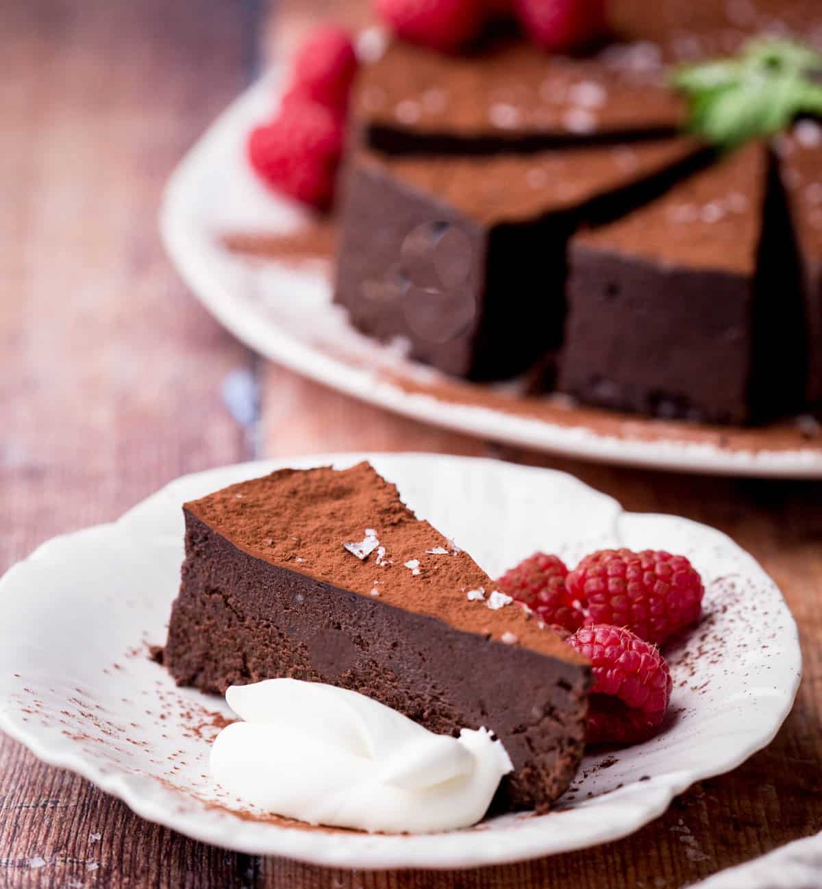 Slice of Flourless Olive Oil Chocolate Cake showing fudgy texture next to whipped cream and raspberries.