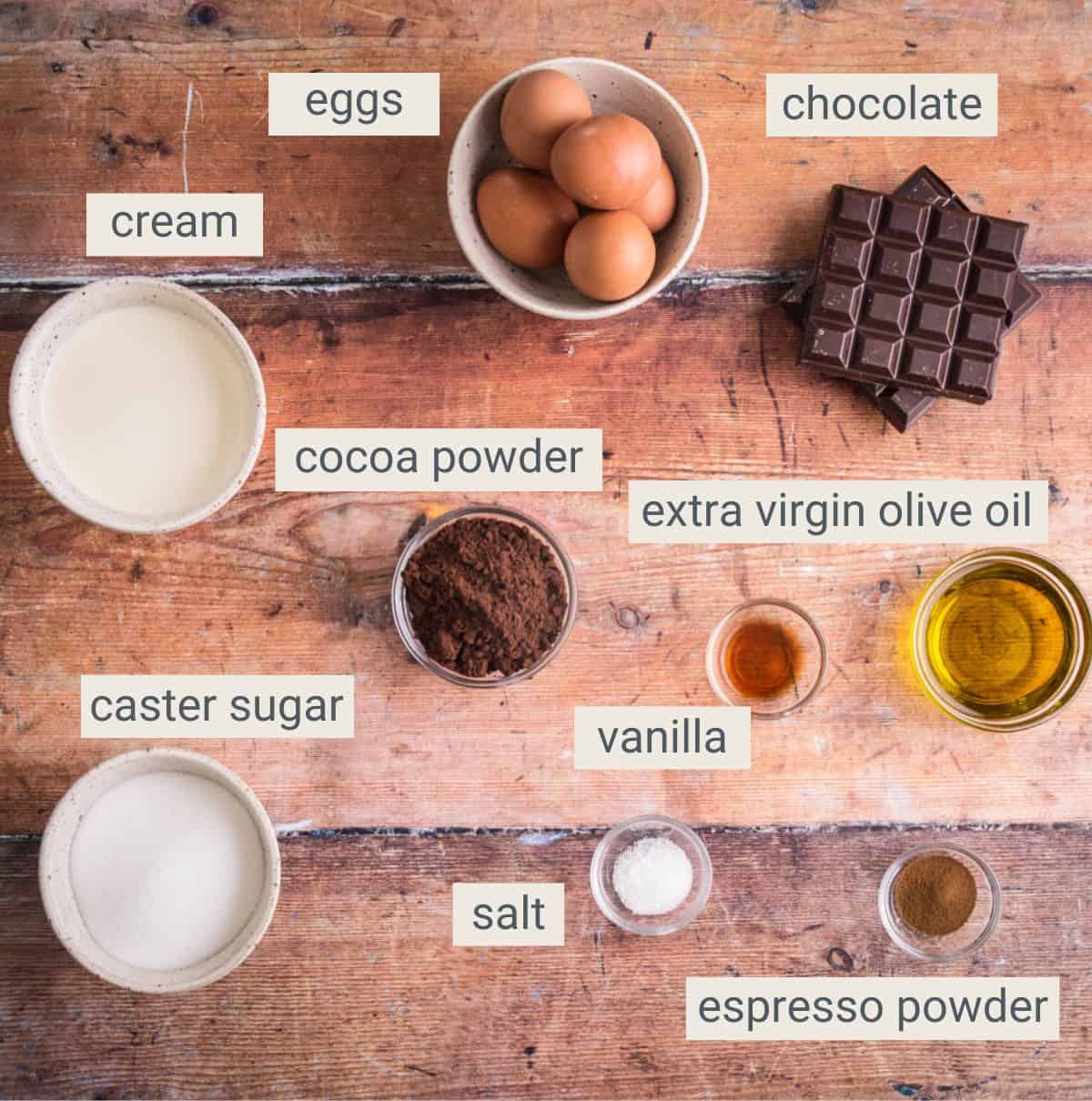 Flourless Olive Oil Chocolate Cake ingredients on a table.