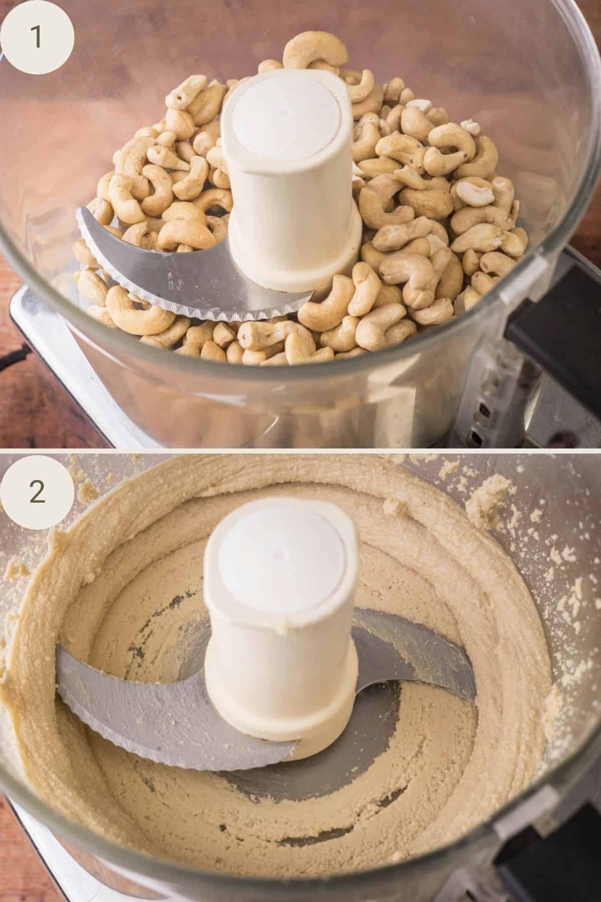 Raw cashews in a food processor then smooth after processing.