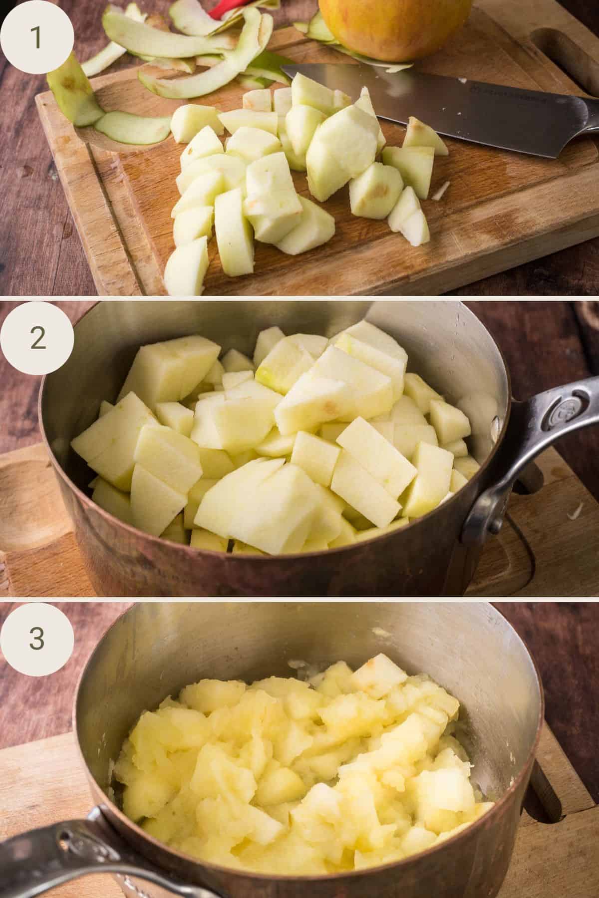 Apples diced, placed in saucepan and cooked until fluffy.