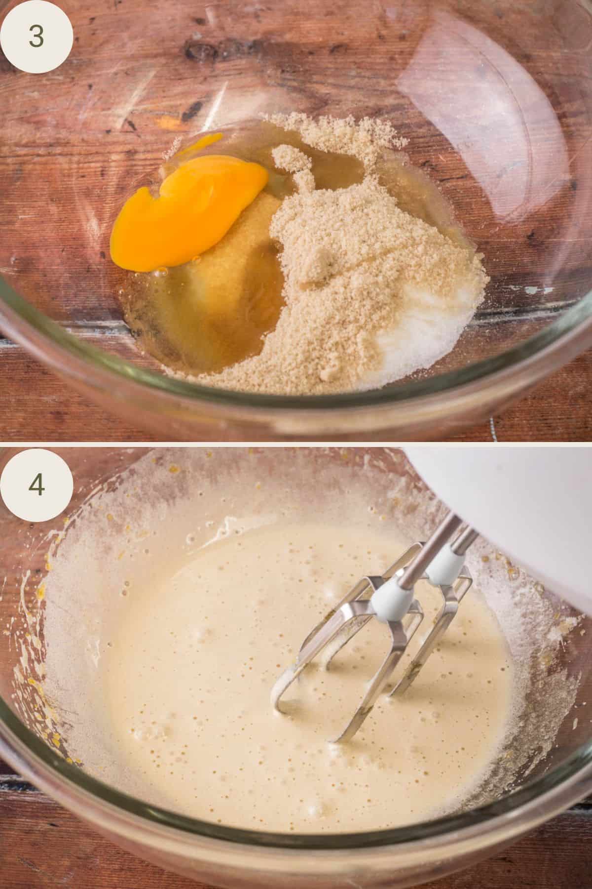 Egg, sugars and vanilla in a mixing bowl, whisked to smooth.