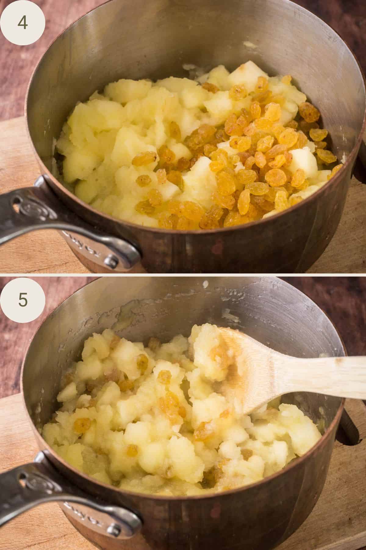 Sultanas added into apple pan and mixed in with wooden spoon.