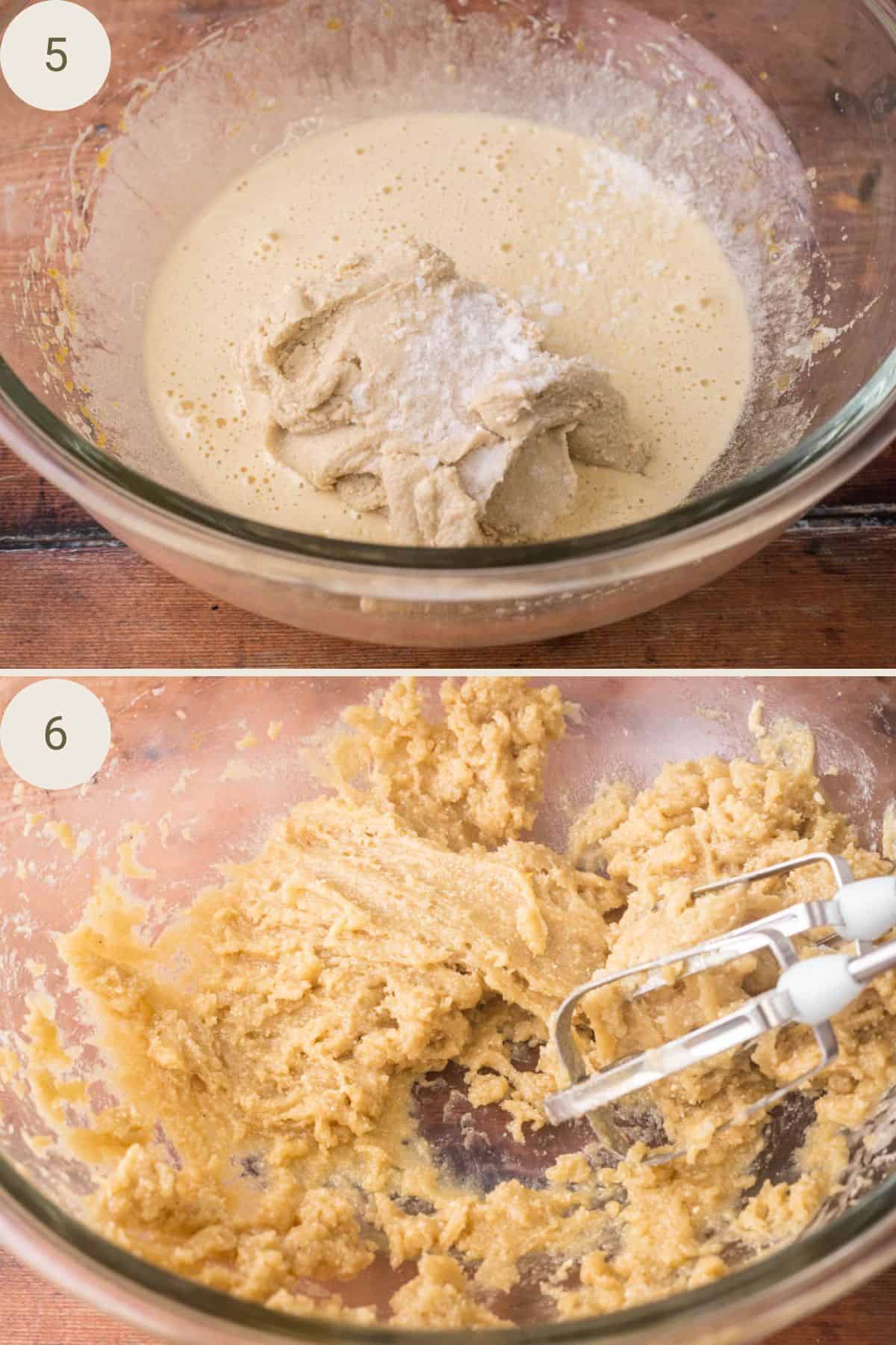 Cashew butter, bicarbonate of soda and salt added to liquid ingredients. Mixed to smooth and thick.