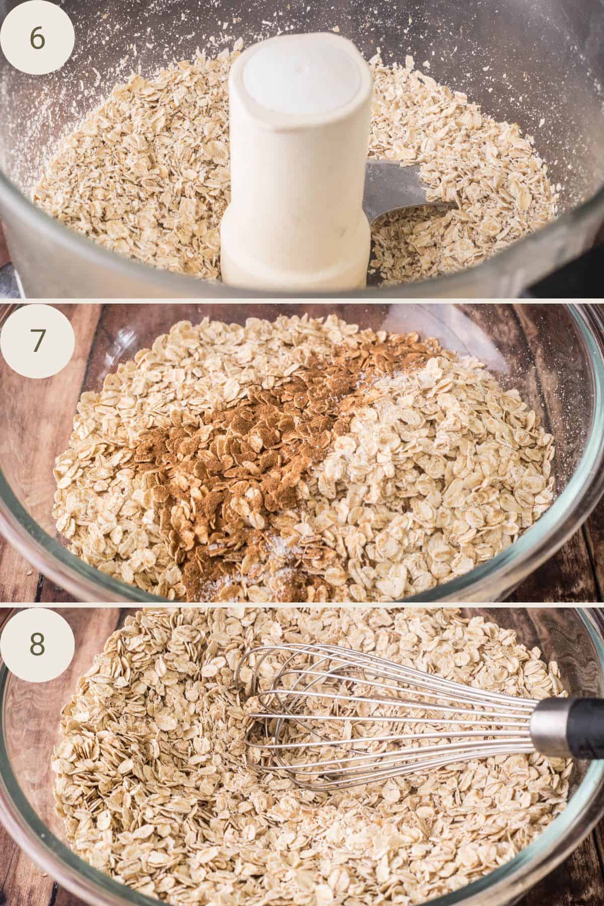 Rolled oats pulsed in food processor, added to rest of the rolled oats, cinnamon and mixed together.