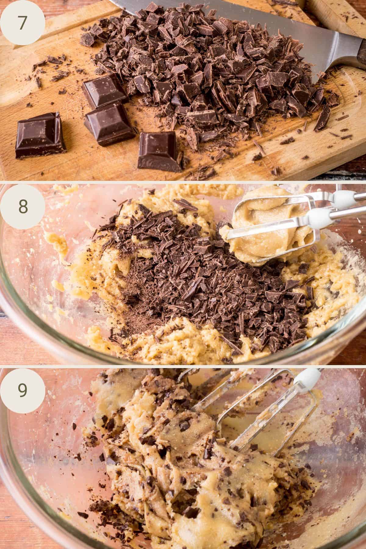 Chocolate chopped on a chopping board, mixed into cookie dough batter.
