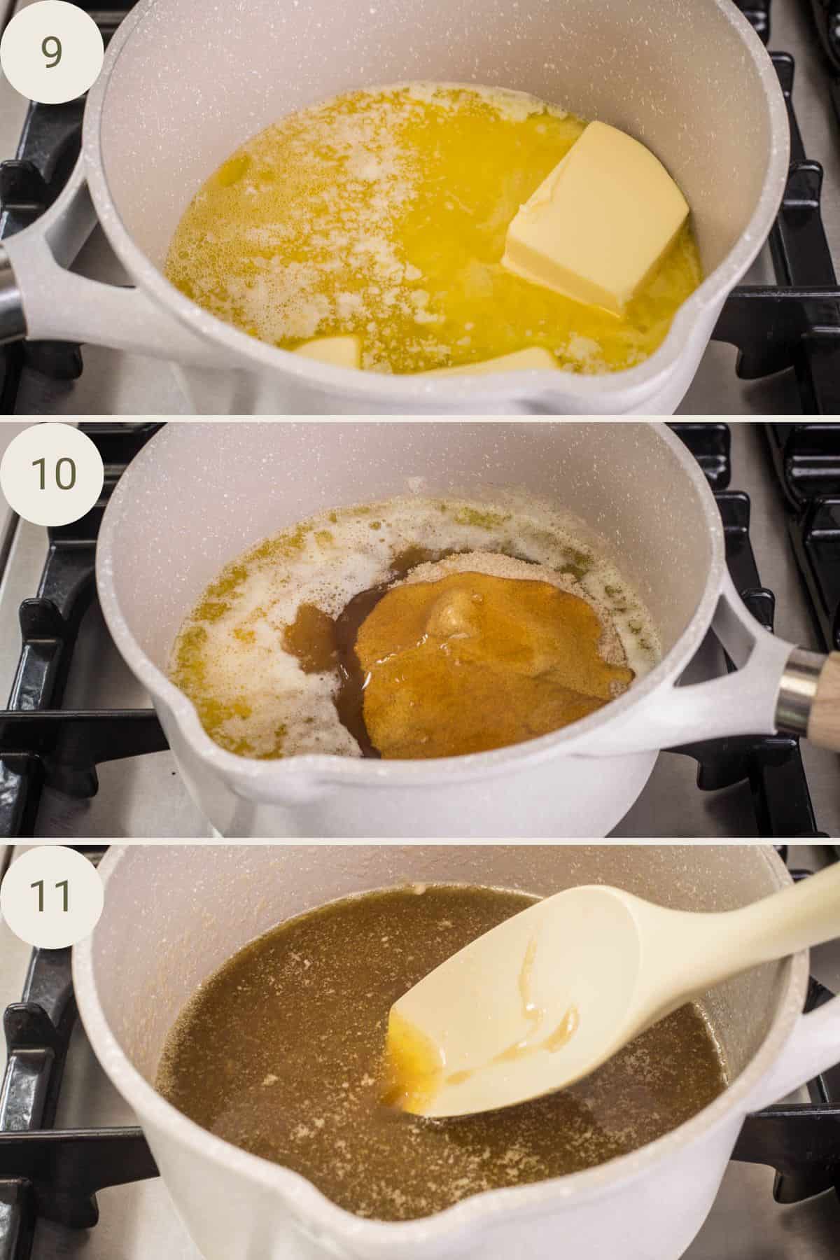 Butter melted in pan, golden syrup and sugar aded and mixed together.