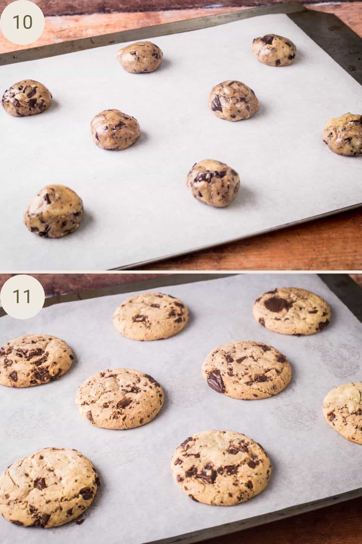 Cookie dough balls on a baking tray before and after baking.