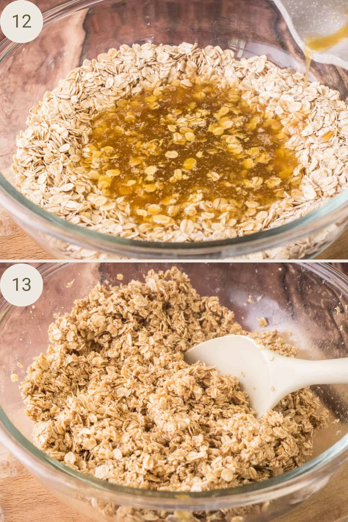 Liquid ingredients poured into oat mixture and mixed together with wooden spoon.