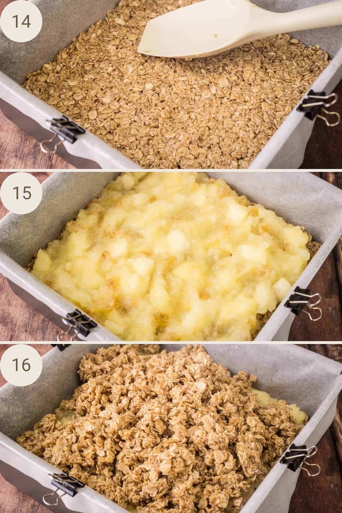 Half of oat mixture pressed into bottom of baking tin. Apple mixture added in an even layer, not to the edges, the rest of the oat mixture poured on top.